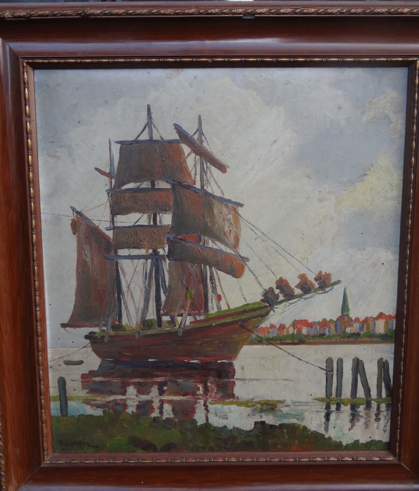 unleserl. signiert "Segelschiff vor Stadtansicht", Öl/Platte, alt gerahmt um 1920, RG 66x55 c - Bild 2 aus 4