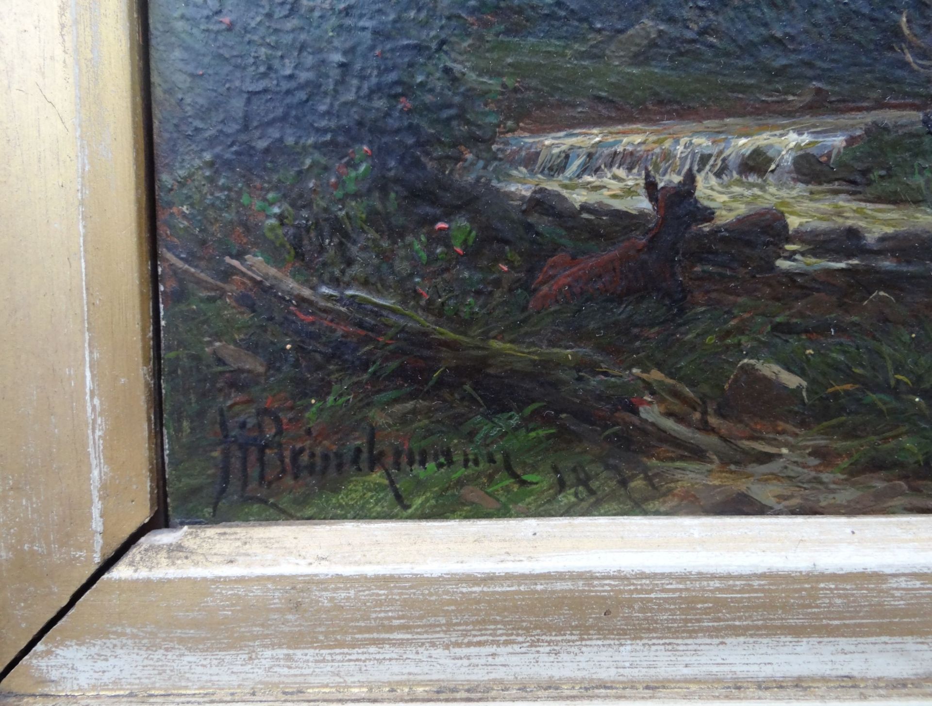 Hermann BRINCKMANN, 1871 (1830-1902) "Hirsche am Bach" Öl/Holz, 24x19 cm, breit gerahmt, RG 45x38 c - Bild 3 aus 4