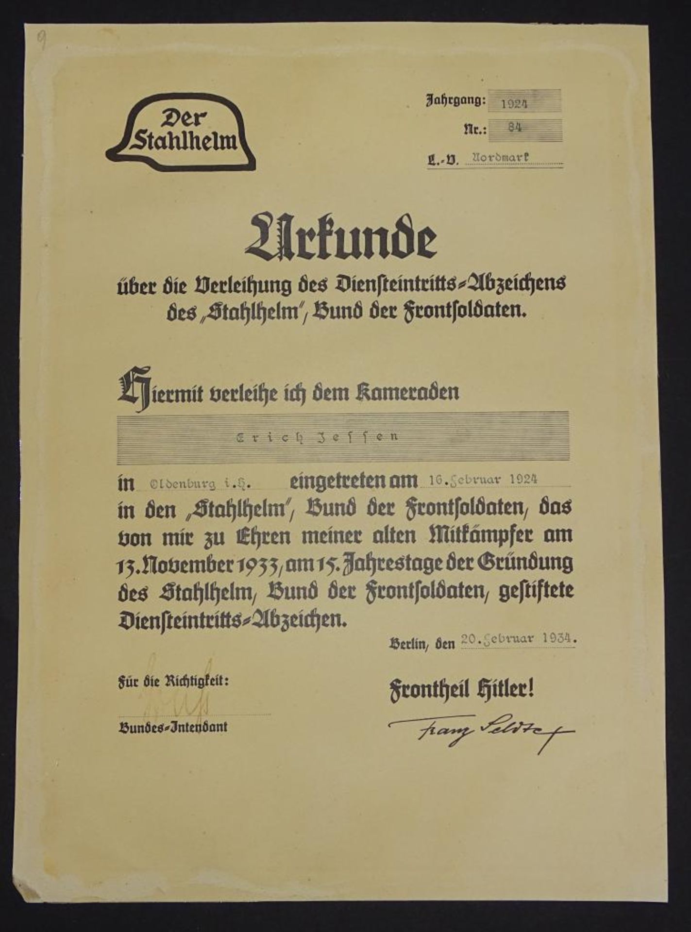Urkunde,Verleihung des Abzeichens "Stahlhelm", 1934