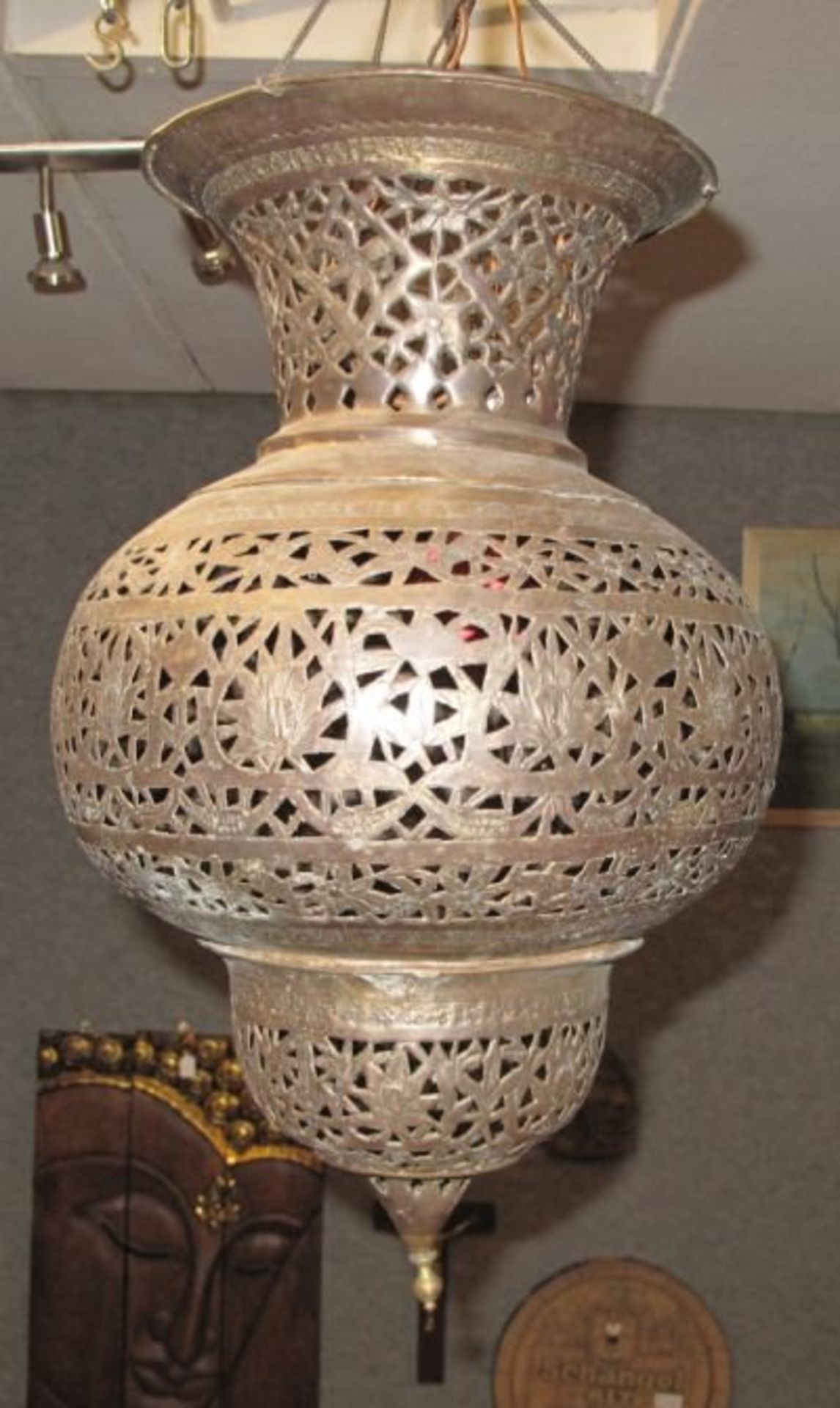 hohe orientalische Deckenlampe, elektrifiziert, Messing, H-46cm, Funktion nicht geprüft.