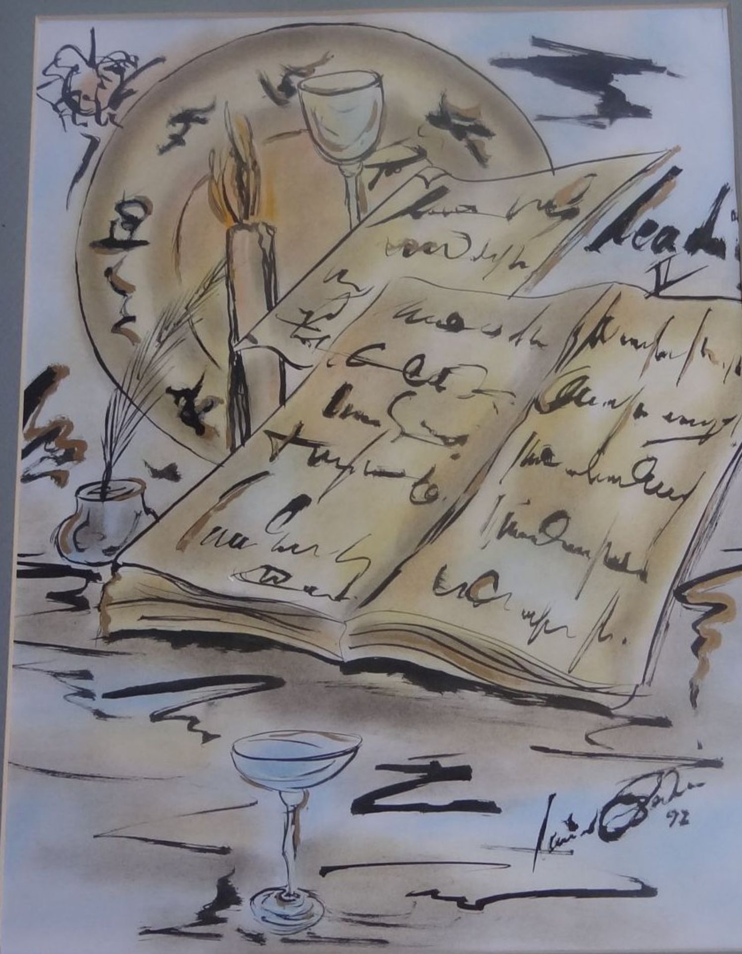unleserl. sign. Aquarell, Stilleben mit Buch, ger/Glas, RG 57x47 cm