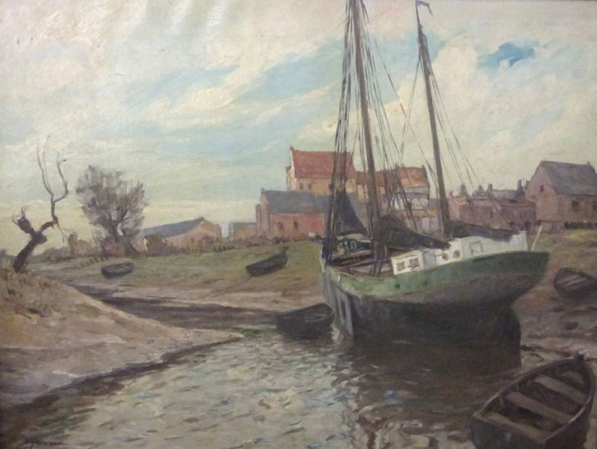 unleserlsigniert "Boot im Dock", wohl Anf. 20. Jhd., Öl/Leinwand, gerahmt, RG 73,5 x 93,5cm.