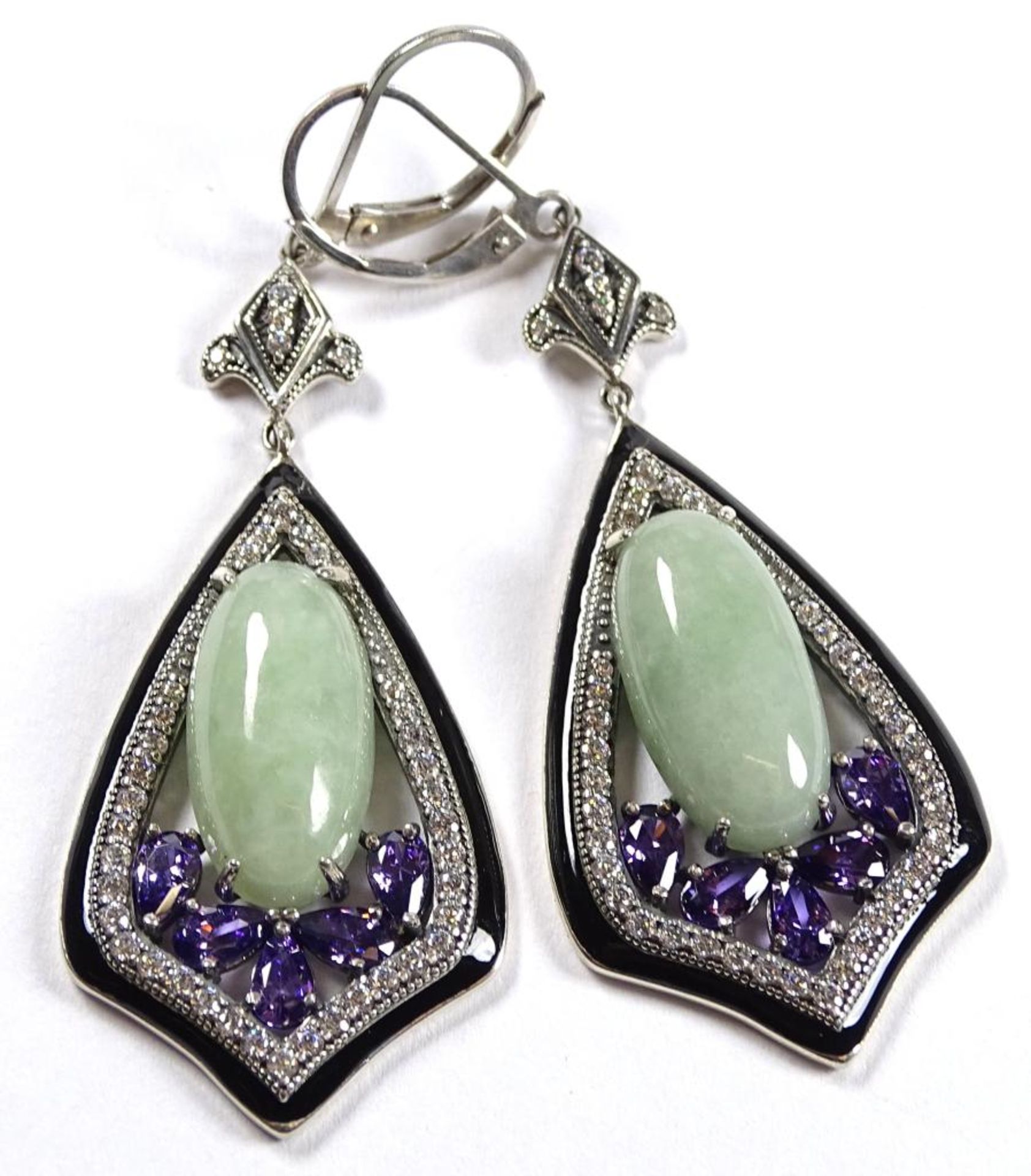 Paar Ohrringe,Silber -925- Jade und Amethyste,L- 55mm, zus.12,8gr.