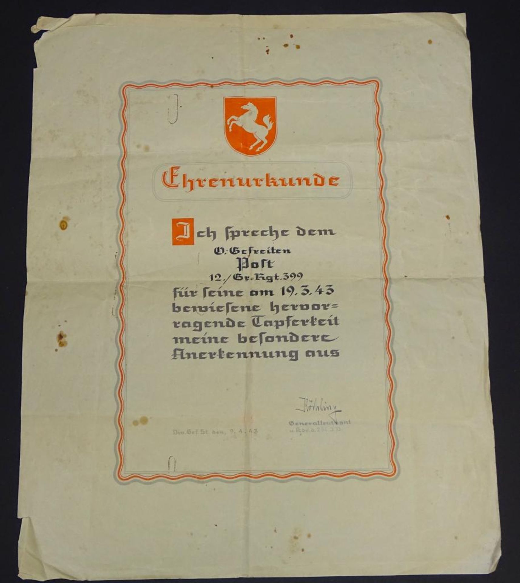 Große Urkunde für Tapferkeit, Ehrenurkunde, 1943, 43,5x35