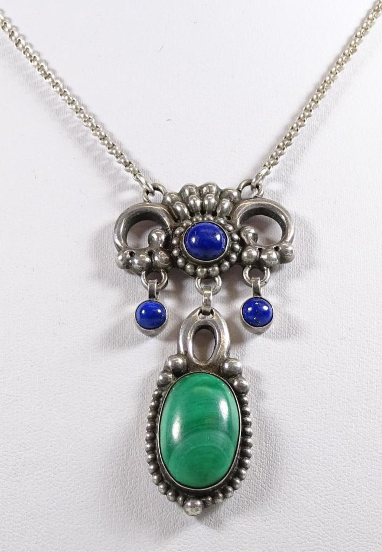 Jugendstil Collier,Meisterpunze KBS,Silber -830-,Malachit und Lapislazuli Besatz,ca.L- 60cm,Anhänger - Bild 2 aus 5