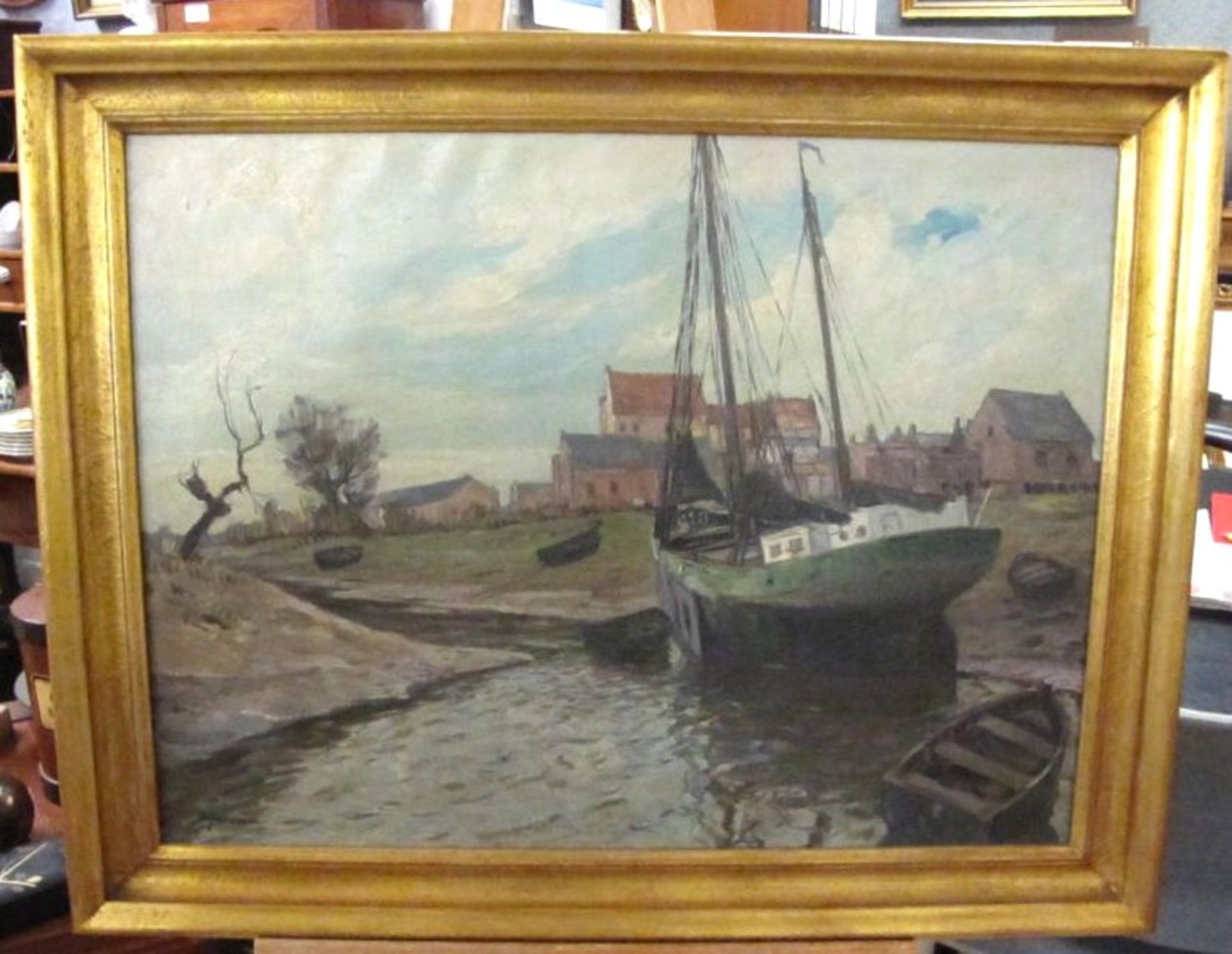 unleserlsigniert "Boot im Dock", wohl Anf. 20. Jhd., Öl/Leinwand, gerahmt, RG 73,5 x 93,5cm. - Bild 3 aus 3