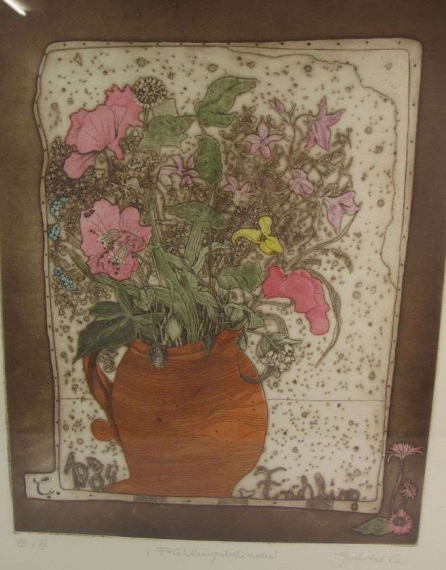 Gabriele "Frühlingsblumen", betitelte Farbradierung, gerahmt/Glas, RG 58 x 47cm.