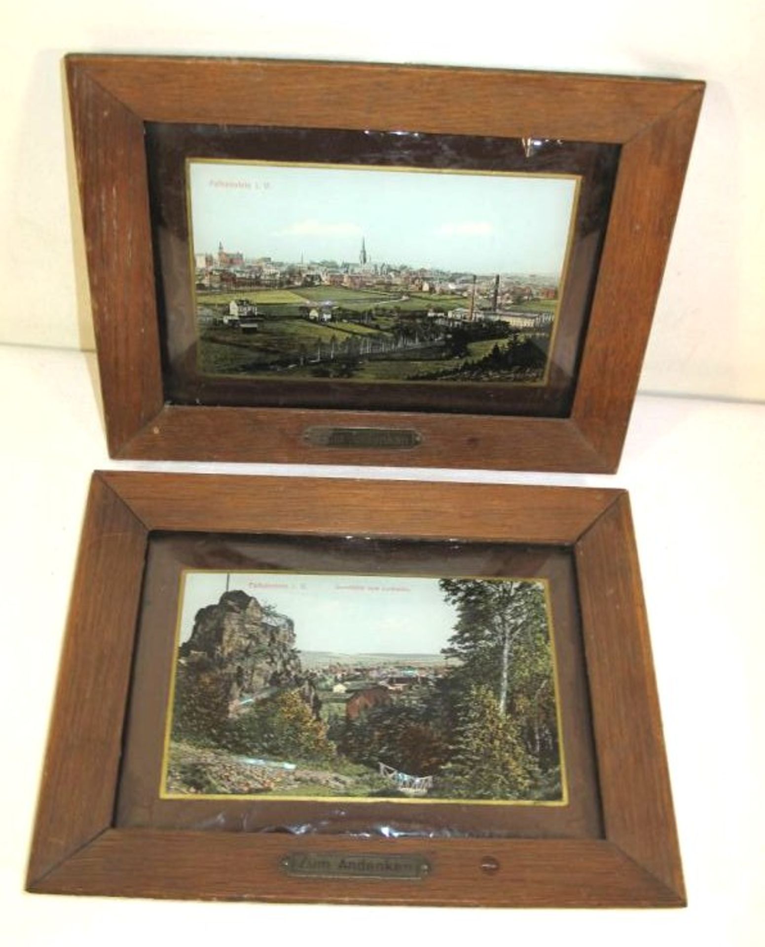 2x Panorama-Ansichten "Falkenstein", Perlmutteinlagen, gewölbtes Glas, je ca. RG 17 x 22cm.