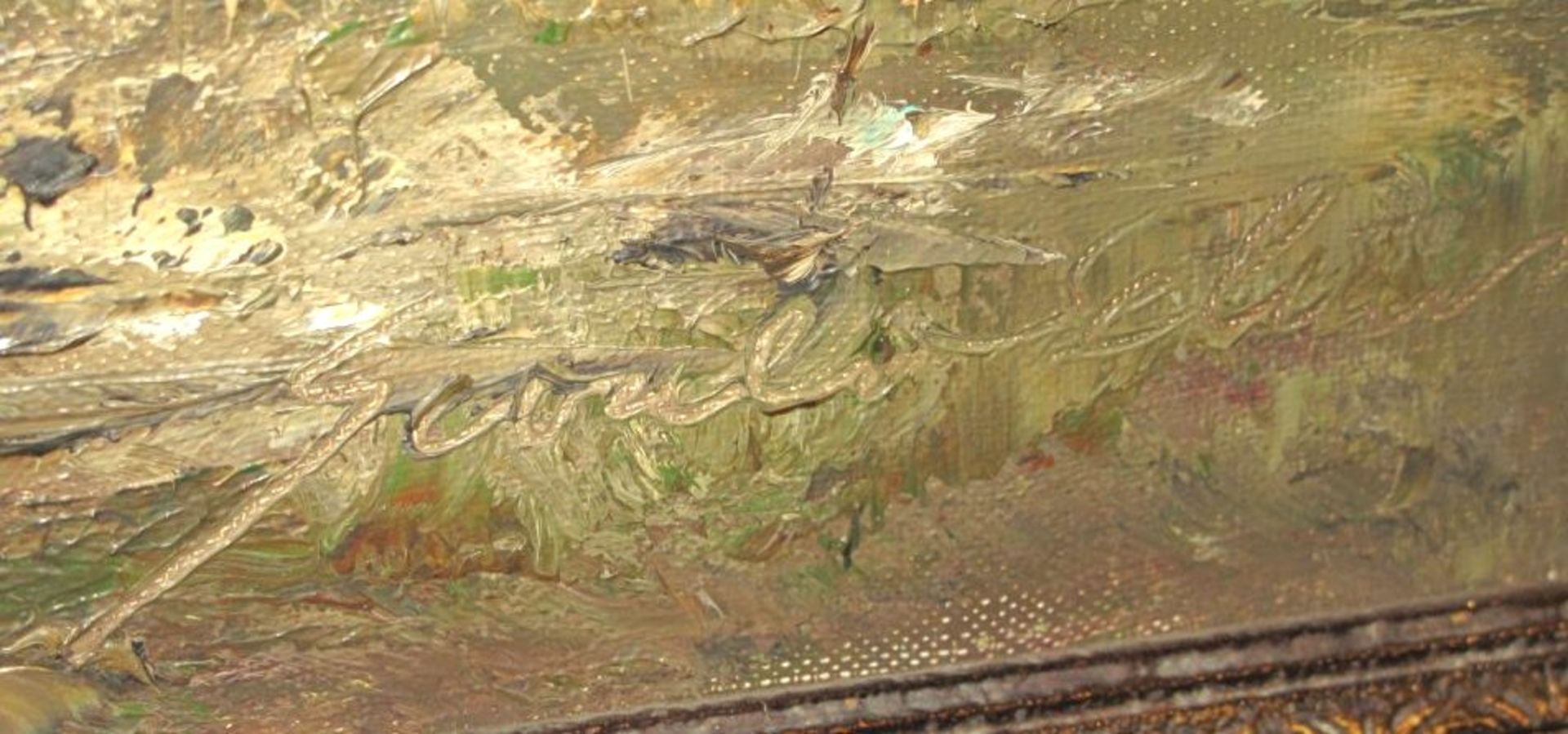 unleserl.signiert "Seenlandschaft", Öl/Leinwand, gut gerahmt, RG 88 x 118cm. - Bild 2 aus 3