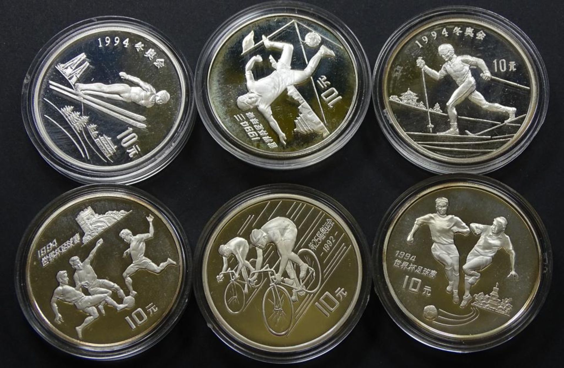 6x 10 Yuan in Kapseln,Silber, 1990,1994,2x1992,2x1993,ges.gew. 165gr.