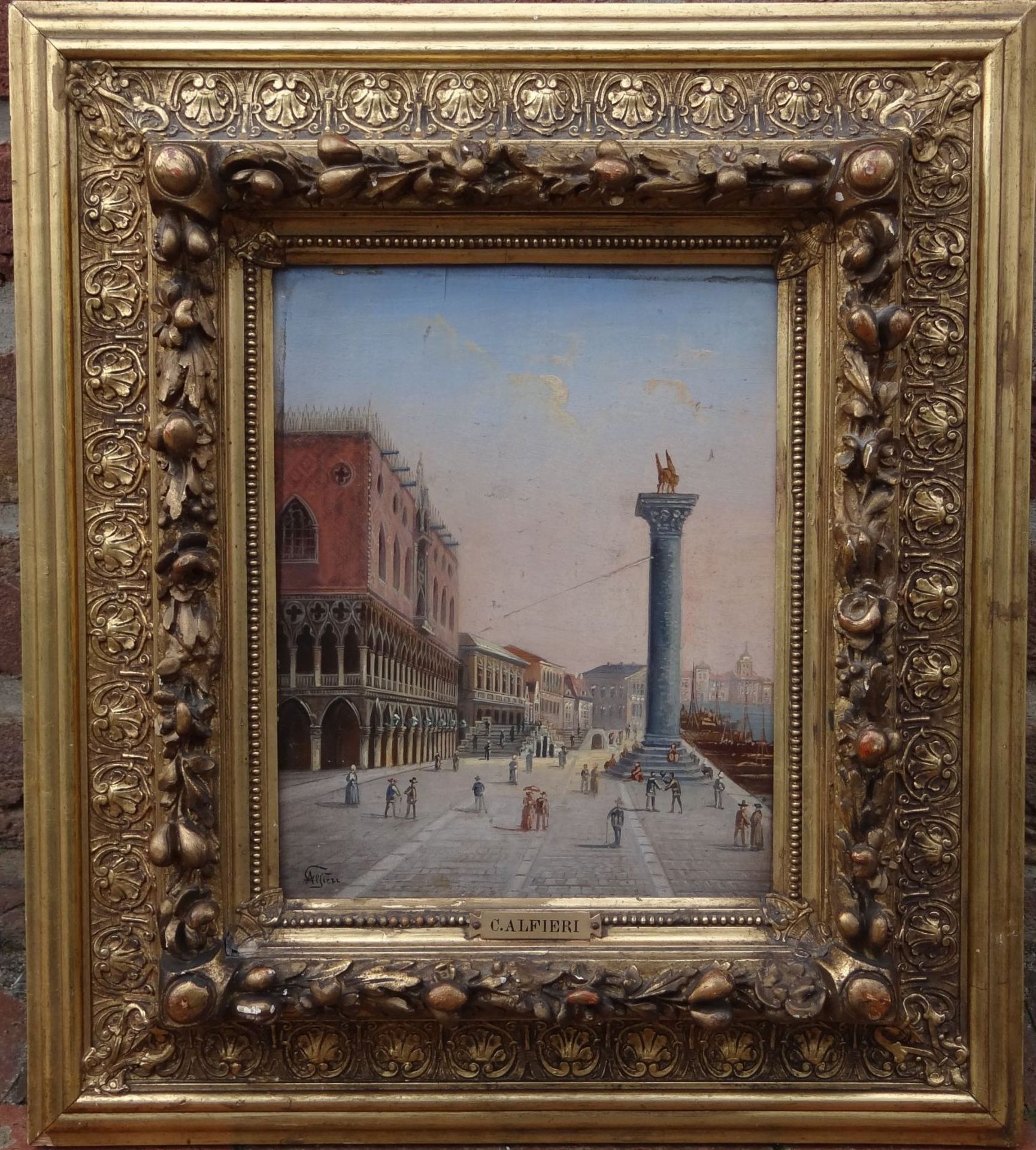 C. ALFIERI (XIX-XX) "Ansicht des Palazzo Ducale und Riva Schiavoni, Venedig", Öl/Holz, mit Kratzer - Bild 2 aus 6