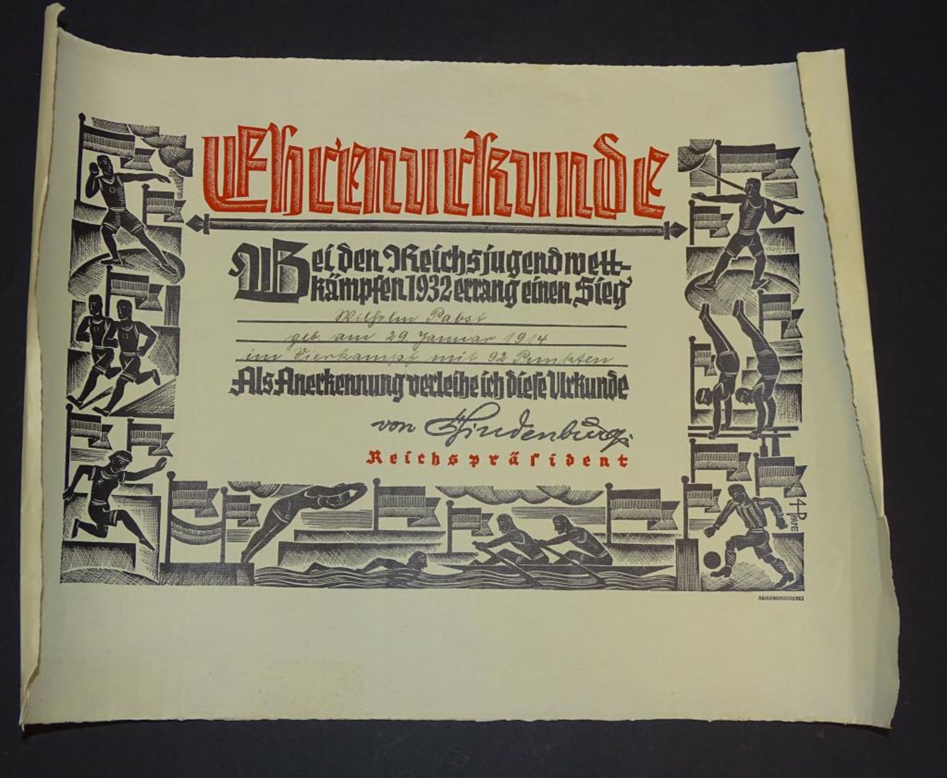 Ehrenurkunde,bei den Reichsjugendwettkämpfen 1932