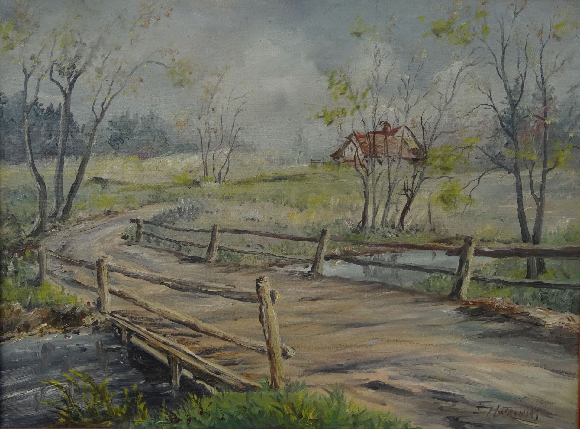 H.Matkowski "Brücke mit Landstrasse", Öl/Leionen, gerahmt, RG 65x - Bild 2 aus 4