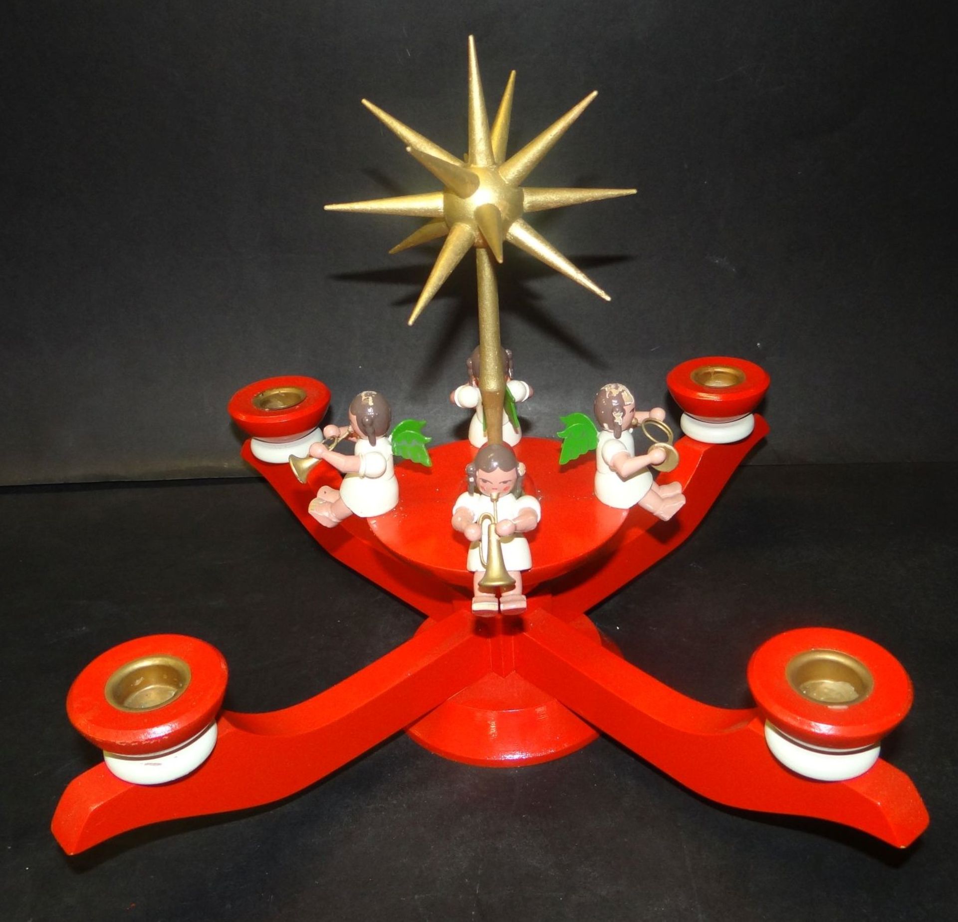 gr. Advent-Kerzenhalter mit Engeln, Erzgebirge, älter, H-26 cm, D-36 cm - Bild 4 aus 7