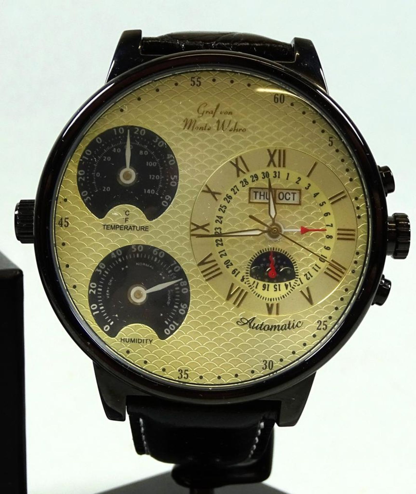 Übergroße Herren Armbanduhr "Graf v. Monte Wehro",automatik,Werk läuft,d- 54mm,OVP,Neu und ungetra - Bild 2 aus 6
