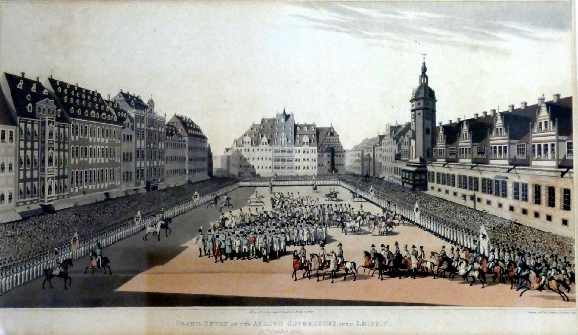 gr. altkolorierte Aquatinta Lithografie "Einzug der Allierten Monarchen in Leipzig 1813", frz.