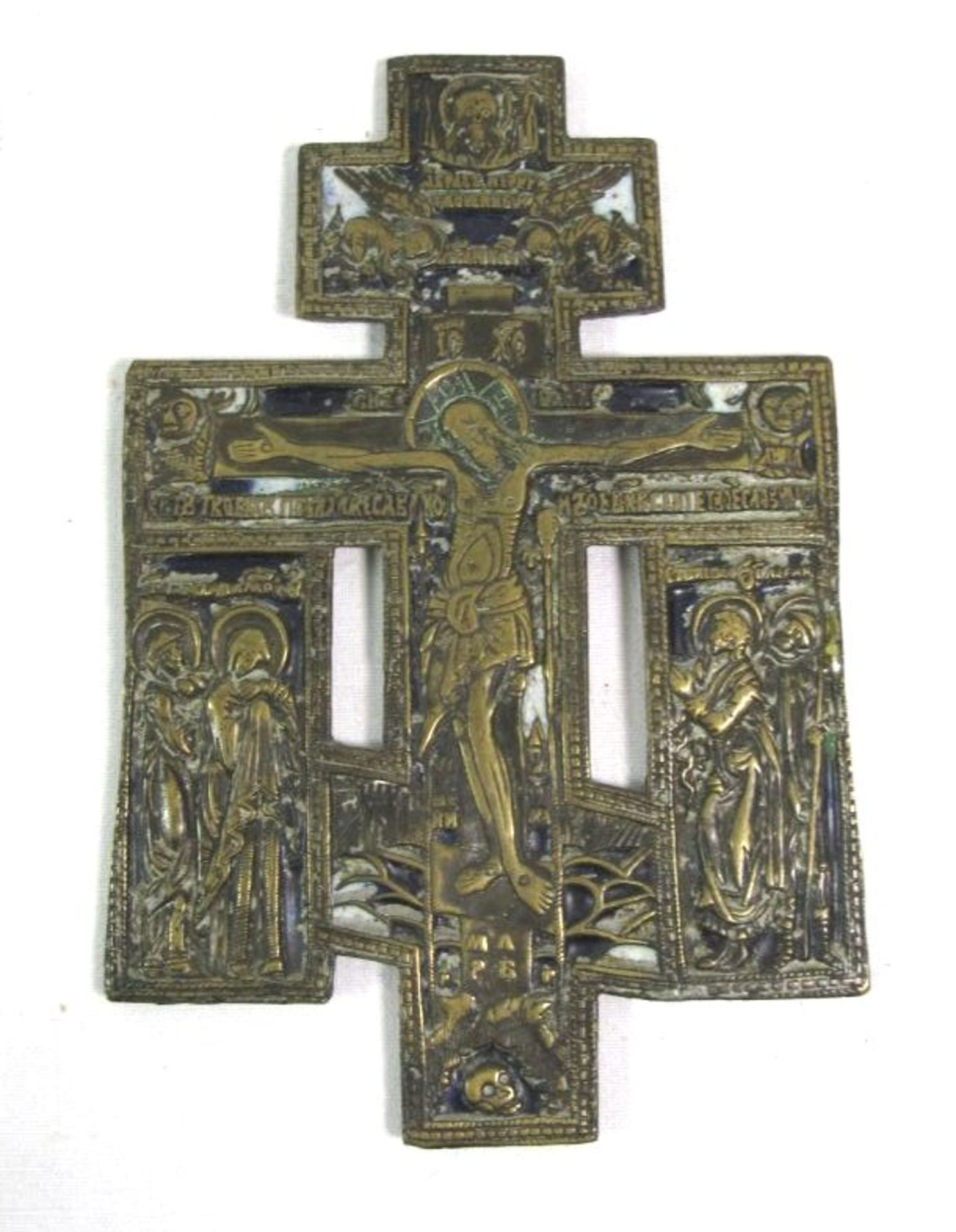 Ikone/Kreuz, wohl Russland, älter, Bronze, teilw. Reste alter Emaille, 16,5 x 10,5cm.