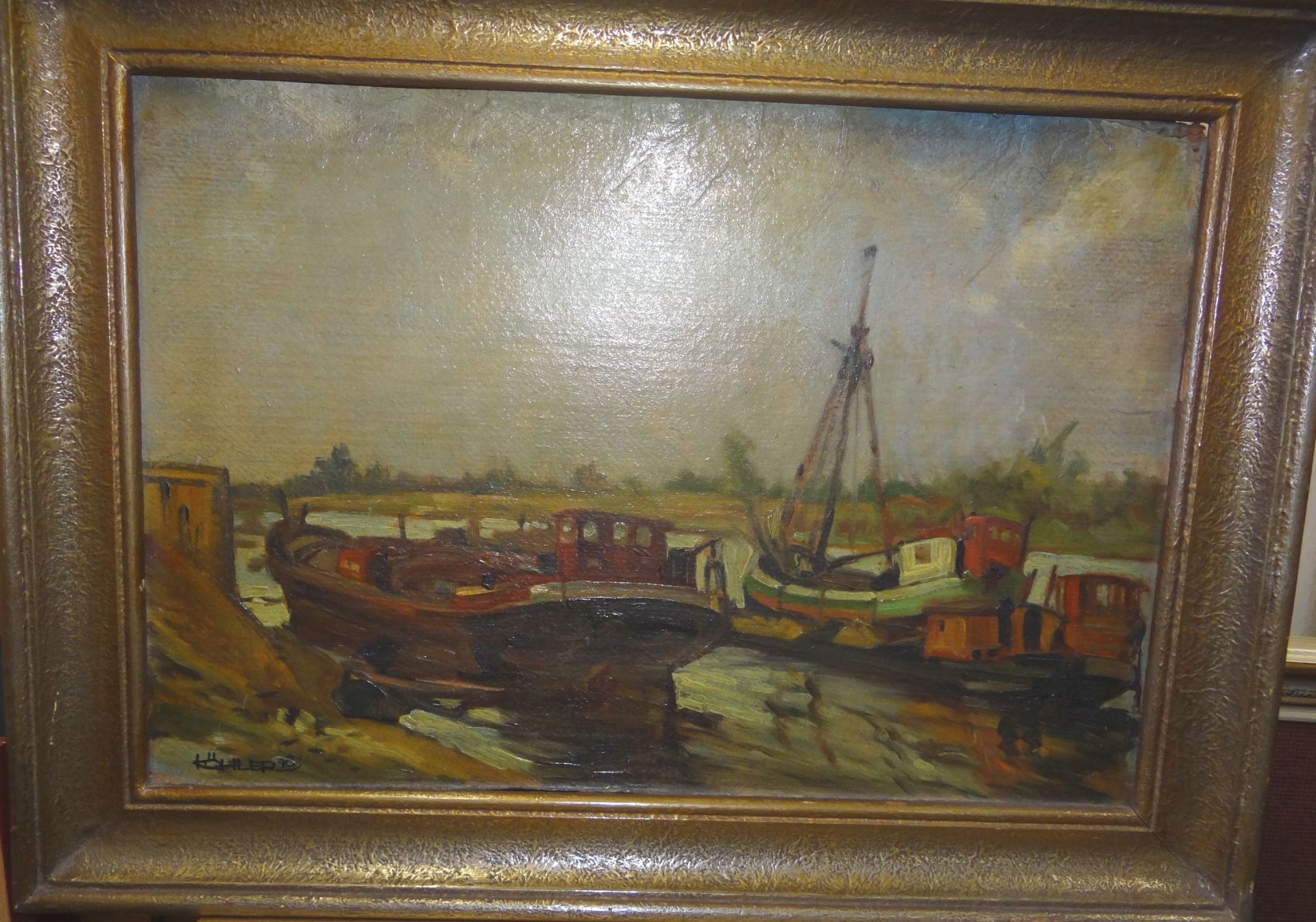 Köhler, 48 "Flussboote am Ufer", Öl/Malfaser, gerahmt, RG 46x60