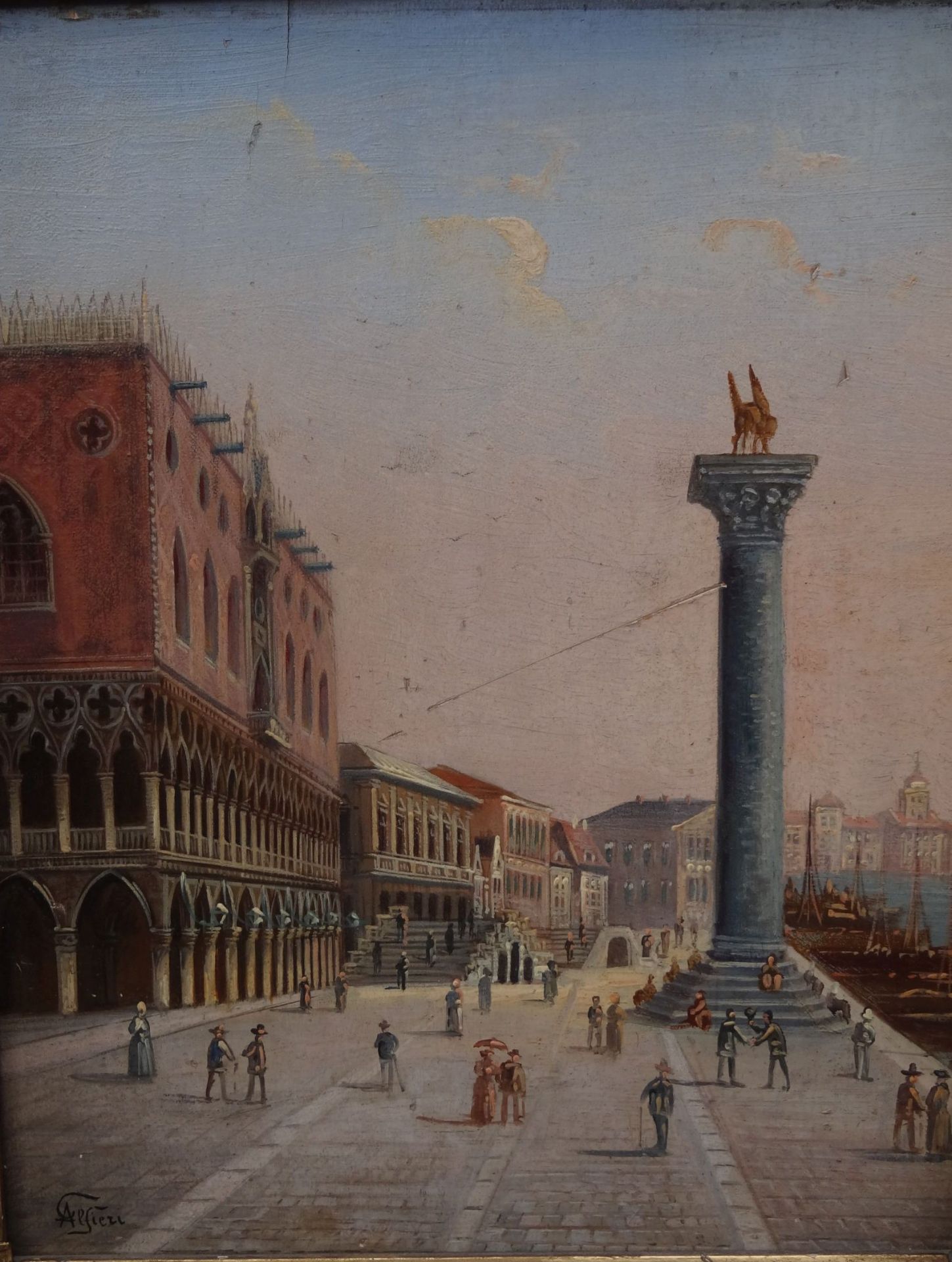 C. ALFIERI (XIX-XX) "Ansicht des Palazzo Ducale und Riva Schiavoni, Venedig", Öl/Holz, mit Kratzer