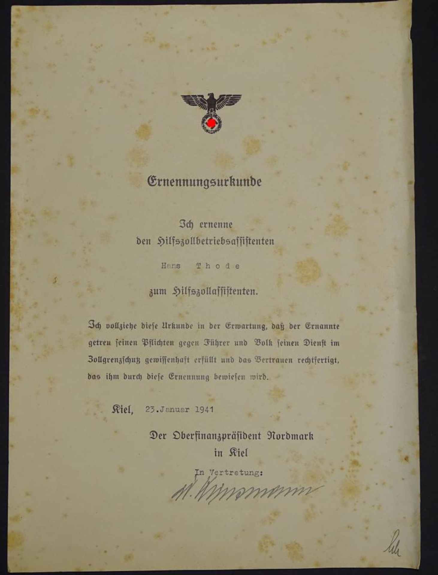 Ernennungsurkunde,Hilfszollbetriebsassistenten zum Hilfszollassistenten, 1941