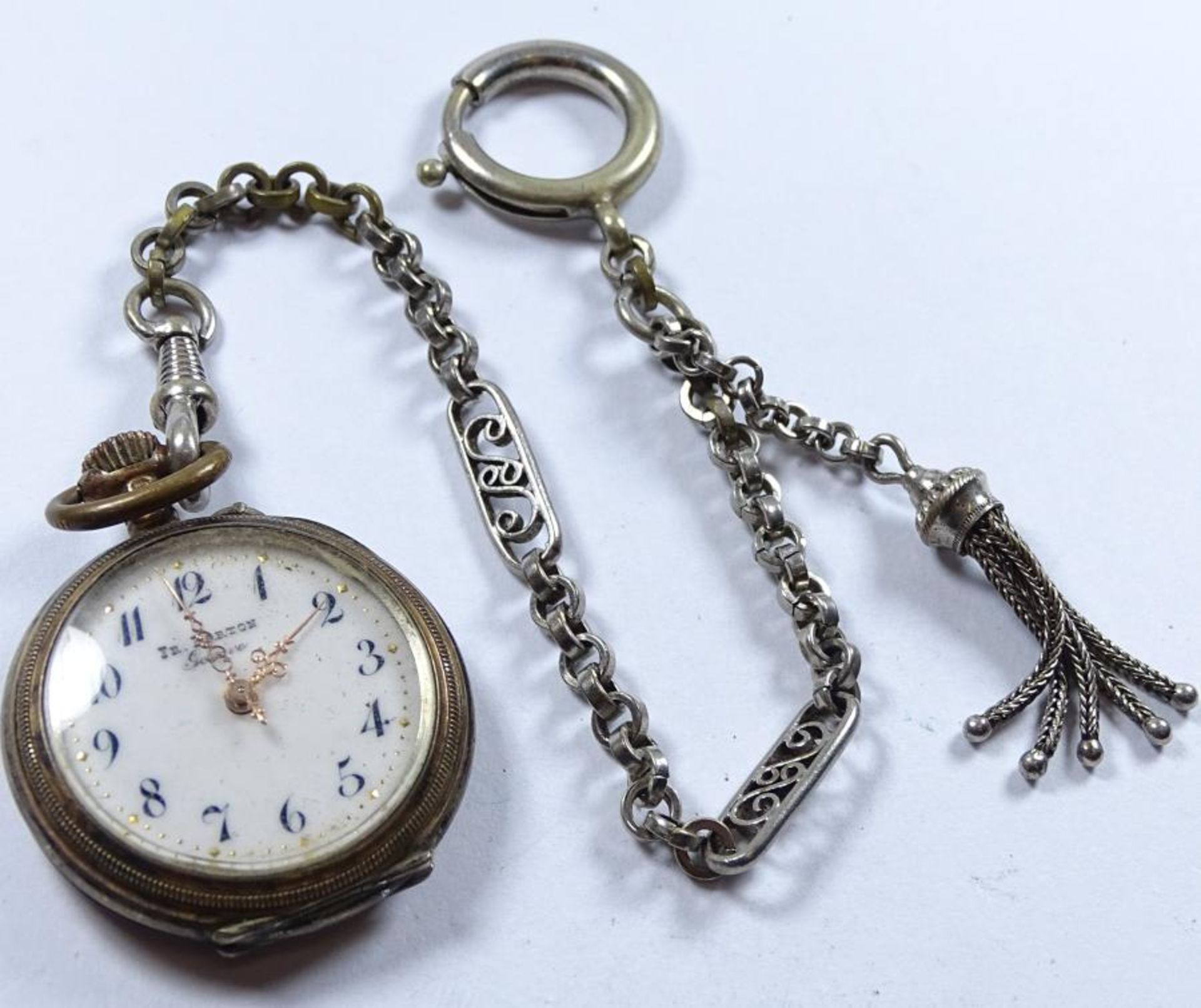 Damen Taschenuhr"Fr.Barton-Genevé", an Uhrenkette,Uhr Silber -800-,Kette versilbert, Handaufzug,Werk