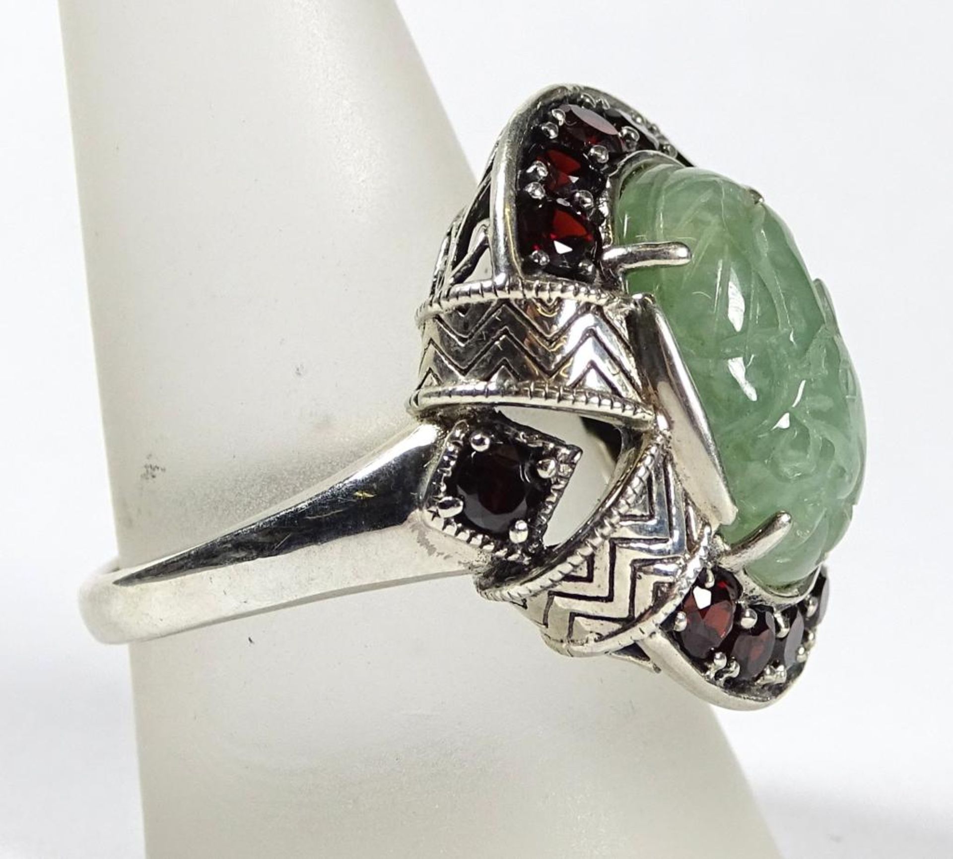 Ring,Silber 925er, Jade und Granat, 9,3gr., RG 60 , Kopf 23x21mm - Bild 2 aus 3