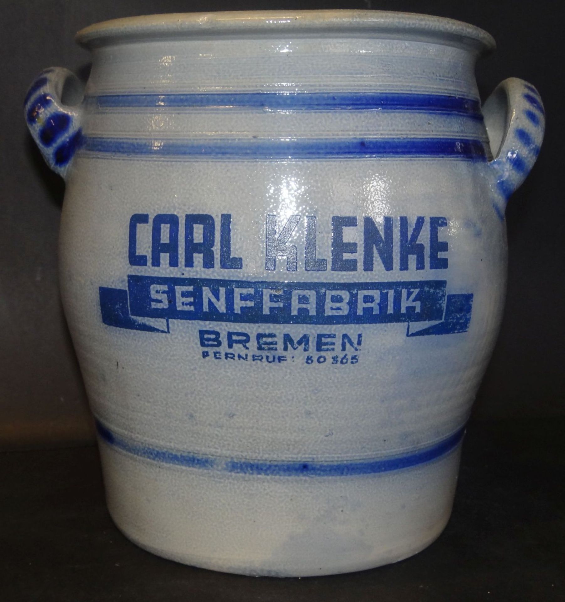 gr. Kruke, graues Steinzeug "Senffabrik C. Klenke, Bremen", H-24 cm, D-20 cm