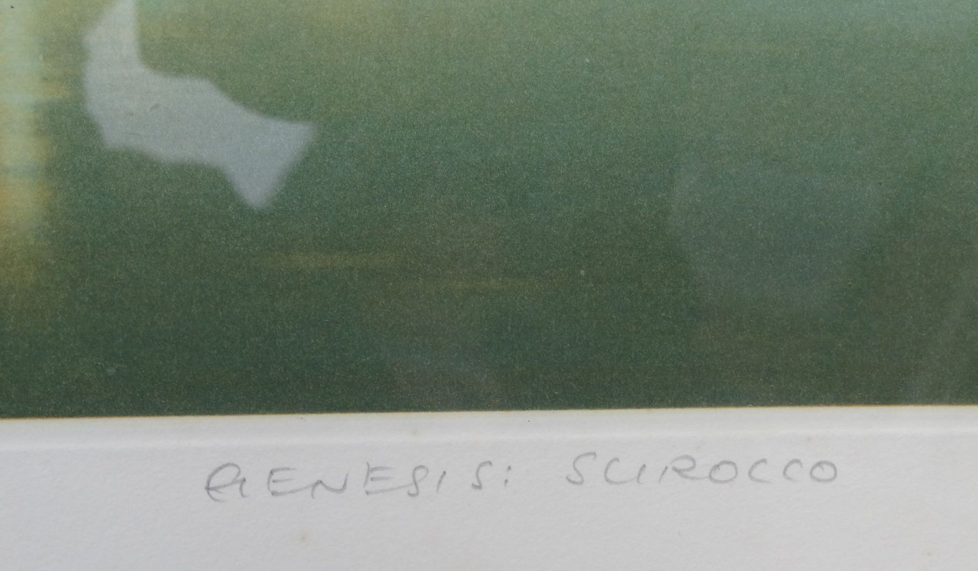 unleserl. signierte grosse Lithografie, Nr. 45/150, betitelt Genesis:scirocco, her/Glas, RG 55x66 - Bild 4 aus 5