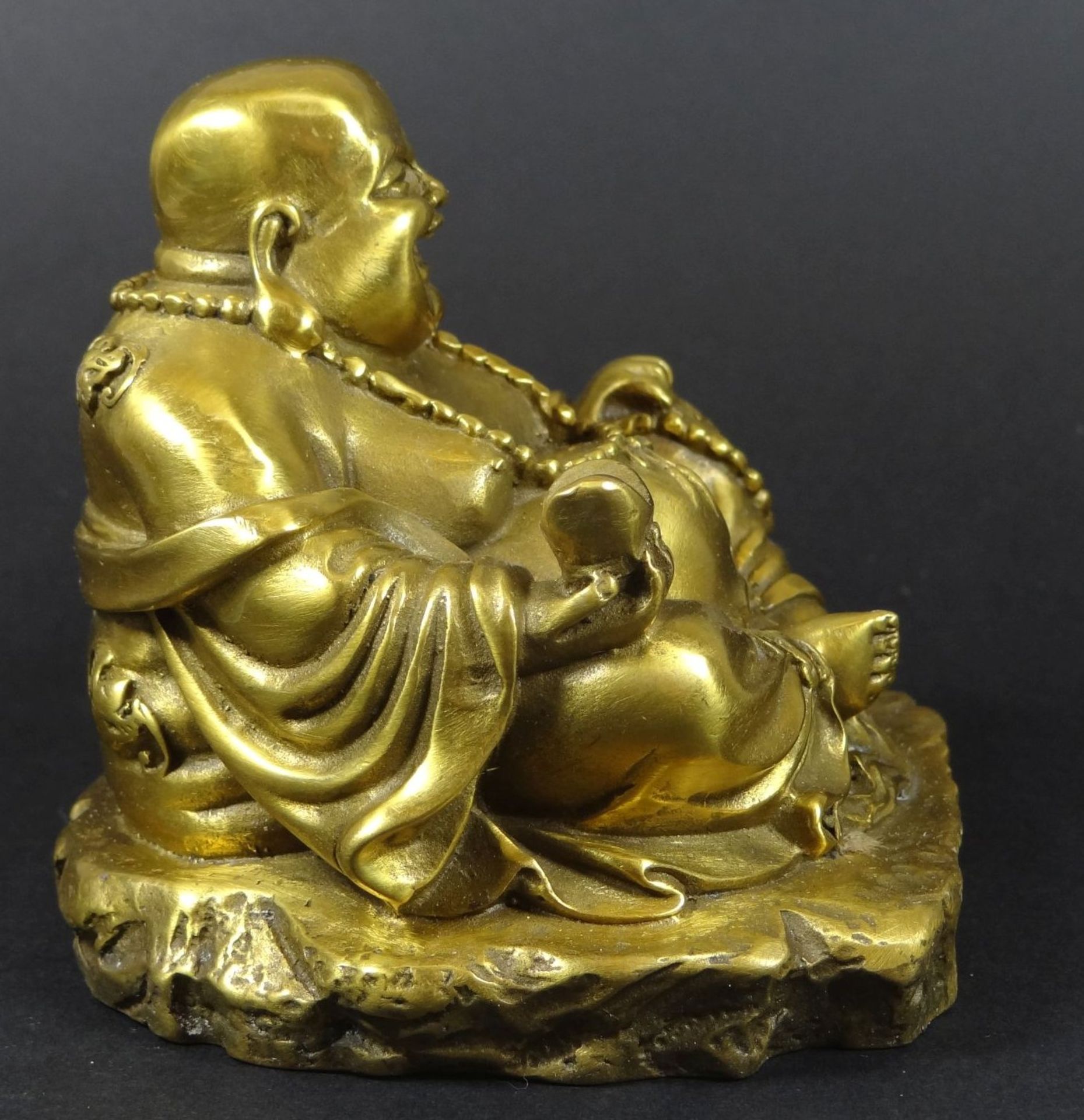 Messing Buddha, chines. beschriftet, H-9 cm, 9,5x9,5 cm - Bild 4 aus 5