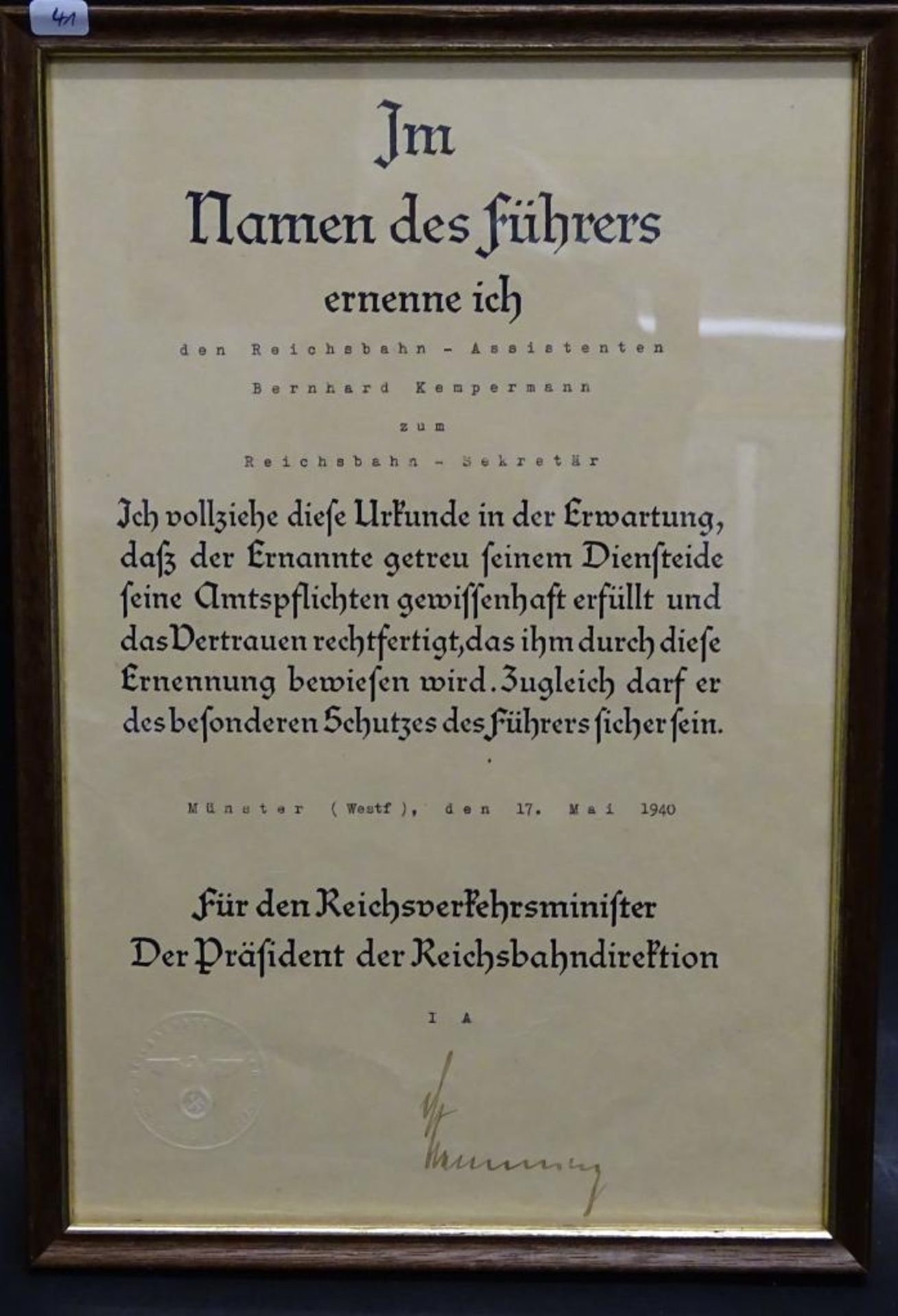 Dokument - vom Reichsbahn-Assistenten zum Reichsbahn-Sekretär,ger/Glas,RG 30,5x21c