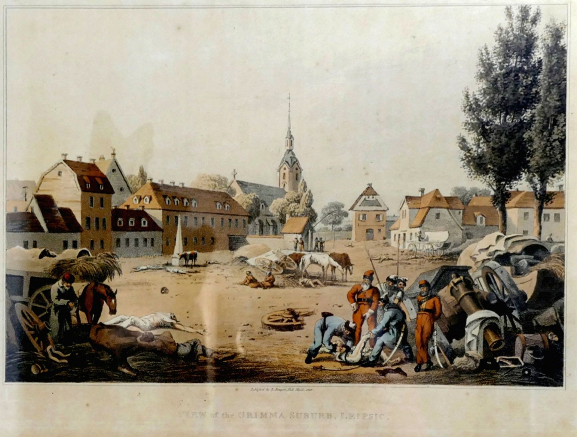 Robert BOWYER (1758-1834) altcolorierter Aquatinta Lithografie "Grimma suburb Leipsich" 1815,