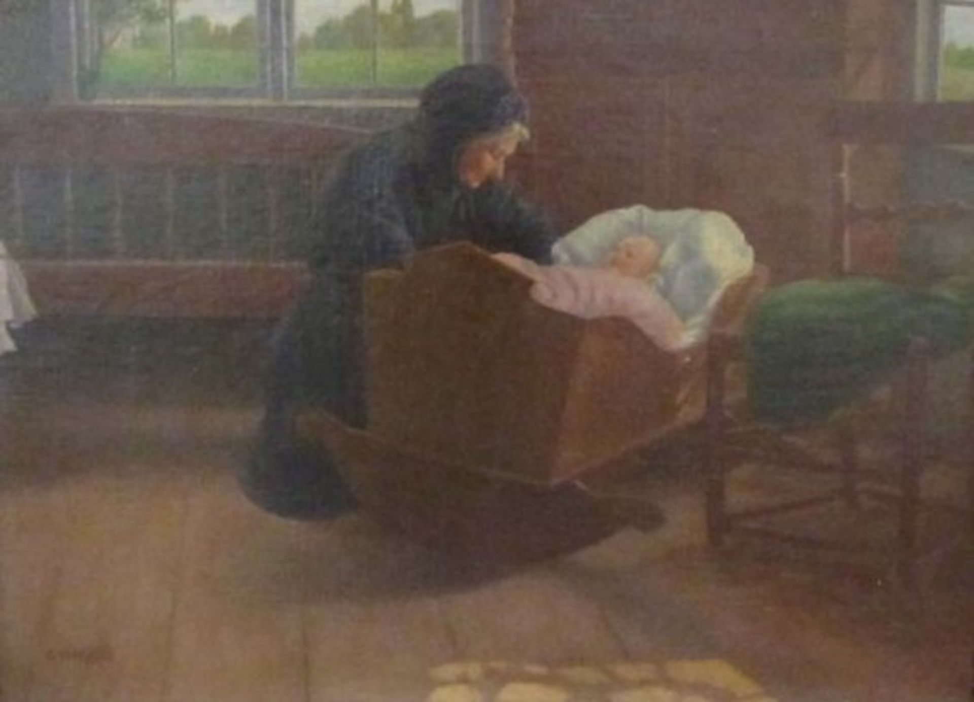 G.Voss 1920 "ältere Dame mit Kind", Öl/Leinwand, gerahmt, RG 75 x 93cm