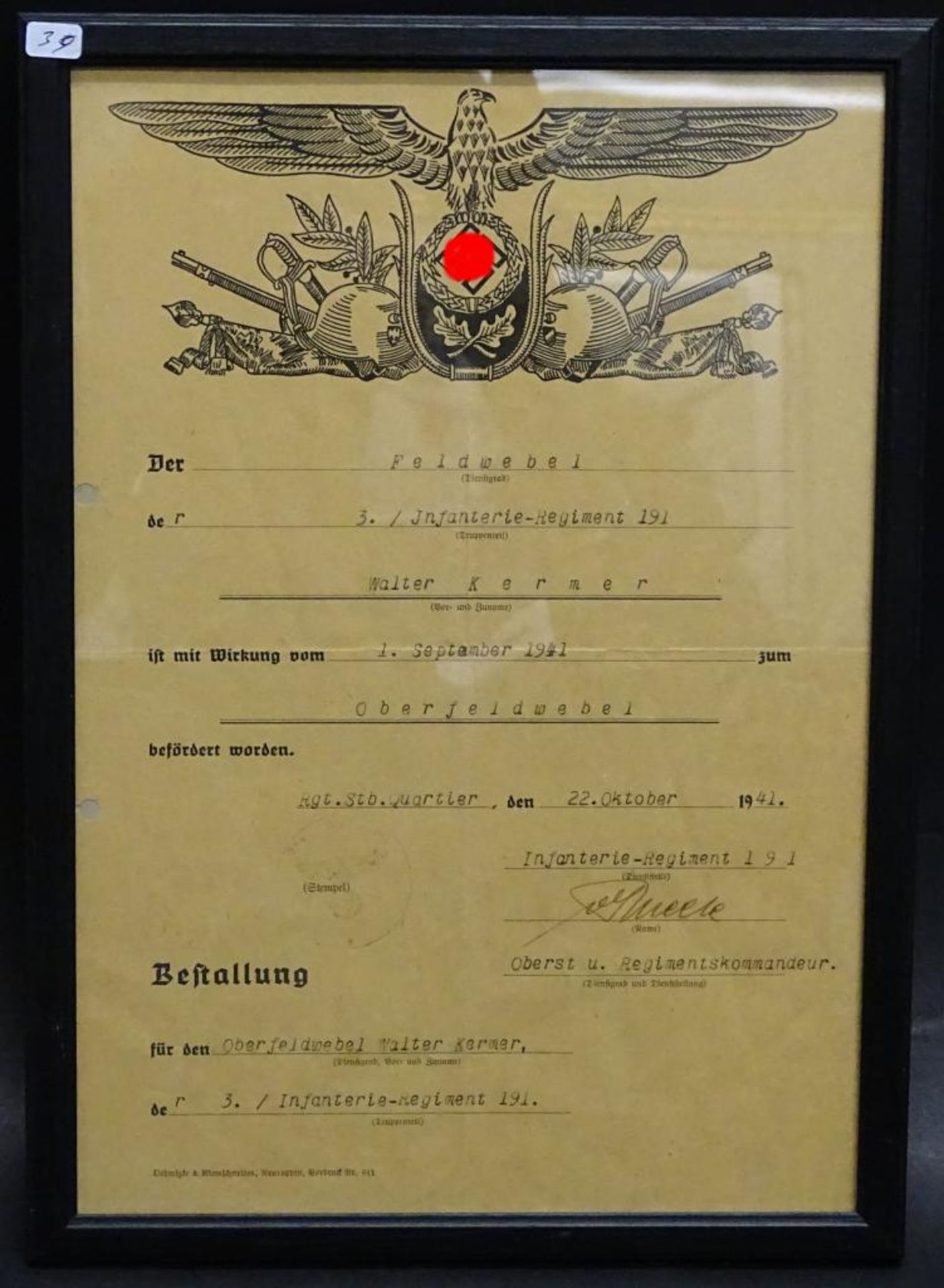 Dokument -Feldwebel zum Oberfeldwebel,1941,gerahmt hinter Glas,RG 31,5x22,5cm