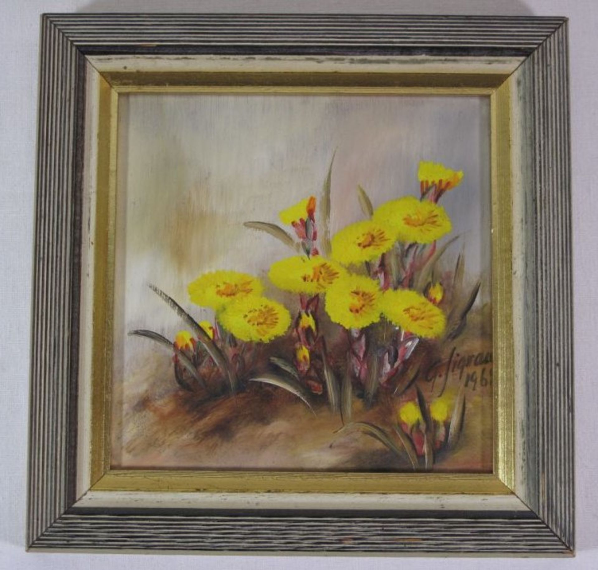 G.Sigrand 1964 "Blumen", Öl/Hartfaser^, gerahmt, RG 19,5 x 19,5cm. - Bild 2 aus 2