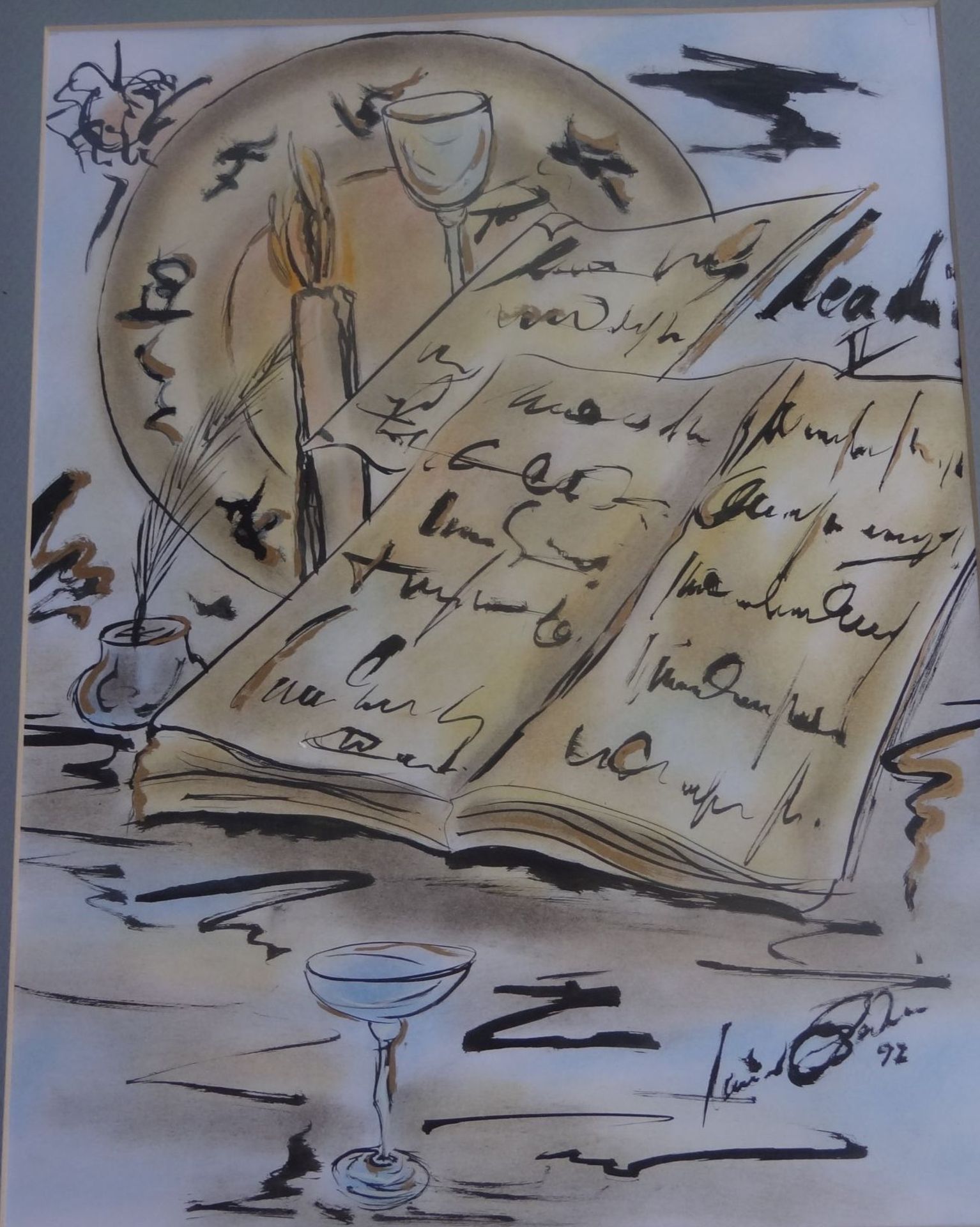 unleserl. sign. Aquarell, Stilleben mit Buch, ger/Glas, RG 57x47 cm - Bild 3 aus 5