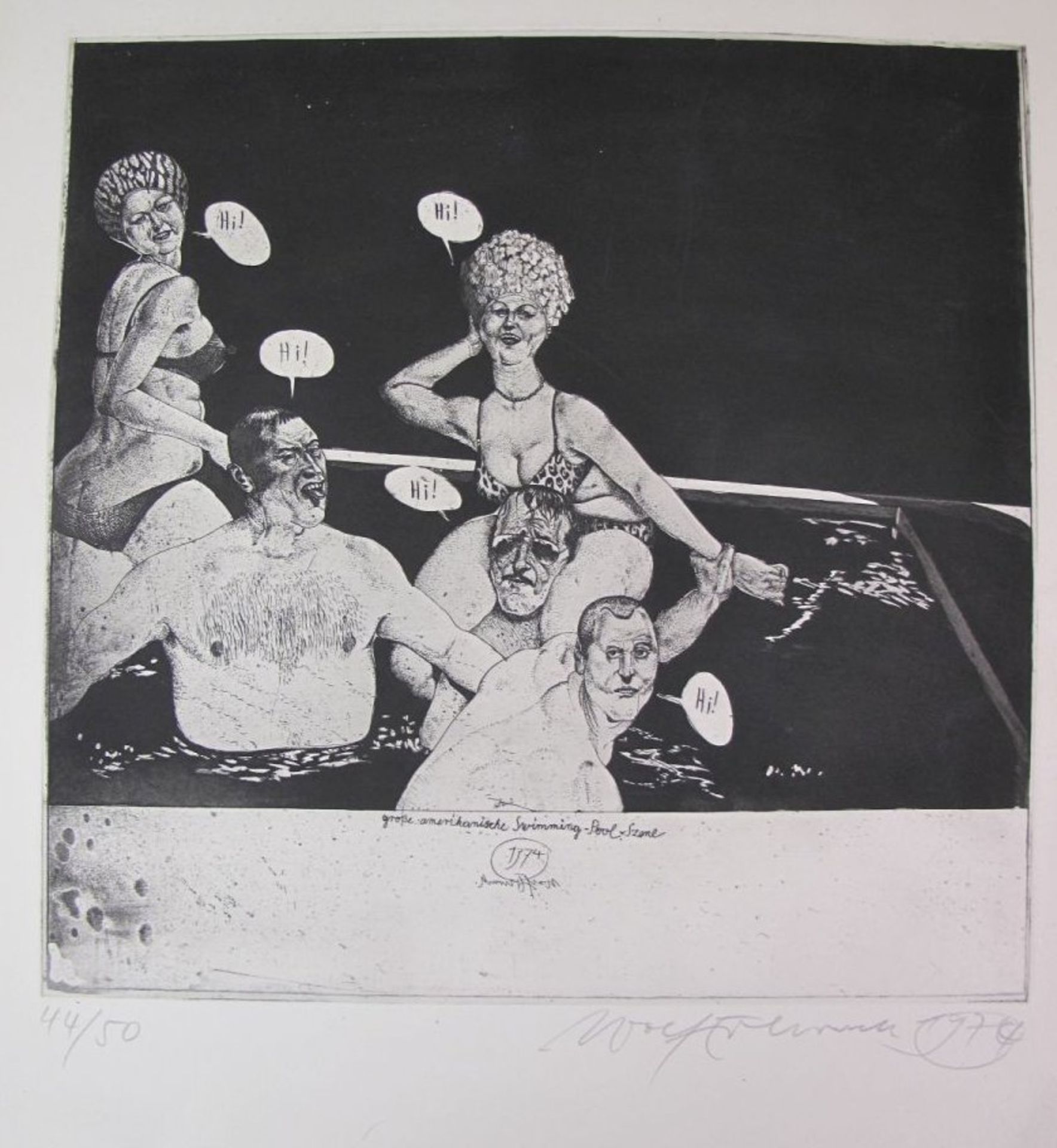 Wolf Erlbruch o.ä. "gr. amerikanische Swimming-Pool Szene", datiert und betitelt, 1974, Nr. 44/50,