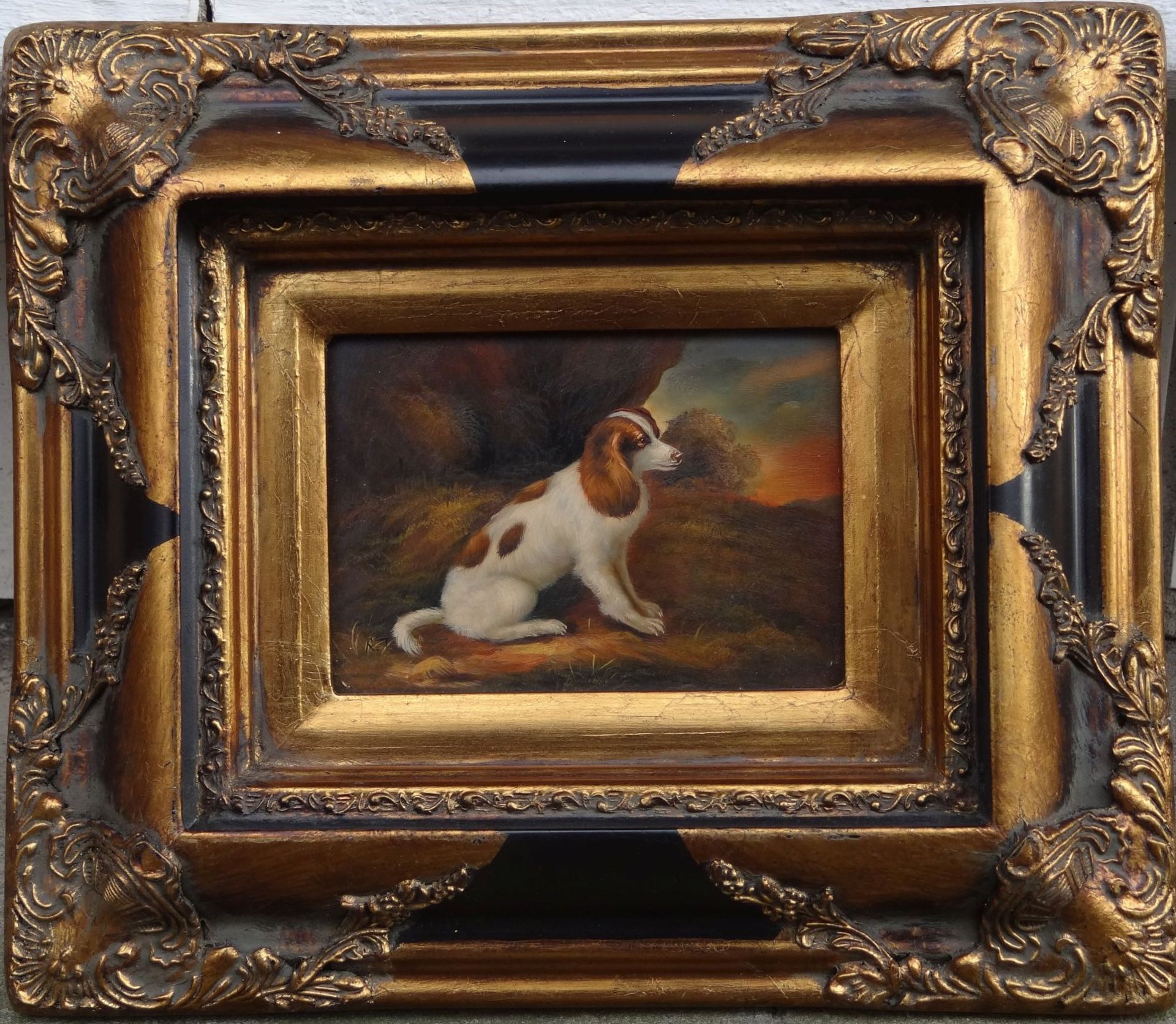 R.T. "Beagle Portrait" Öl/Holz, breit gerahmt, RG 32x37,5 c