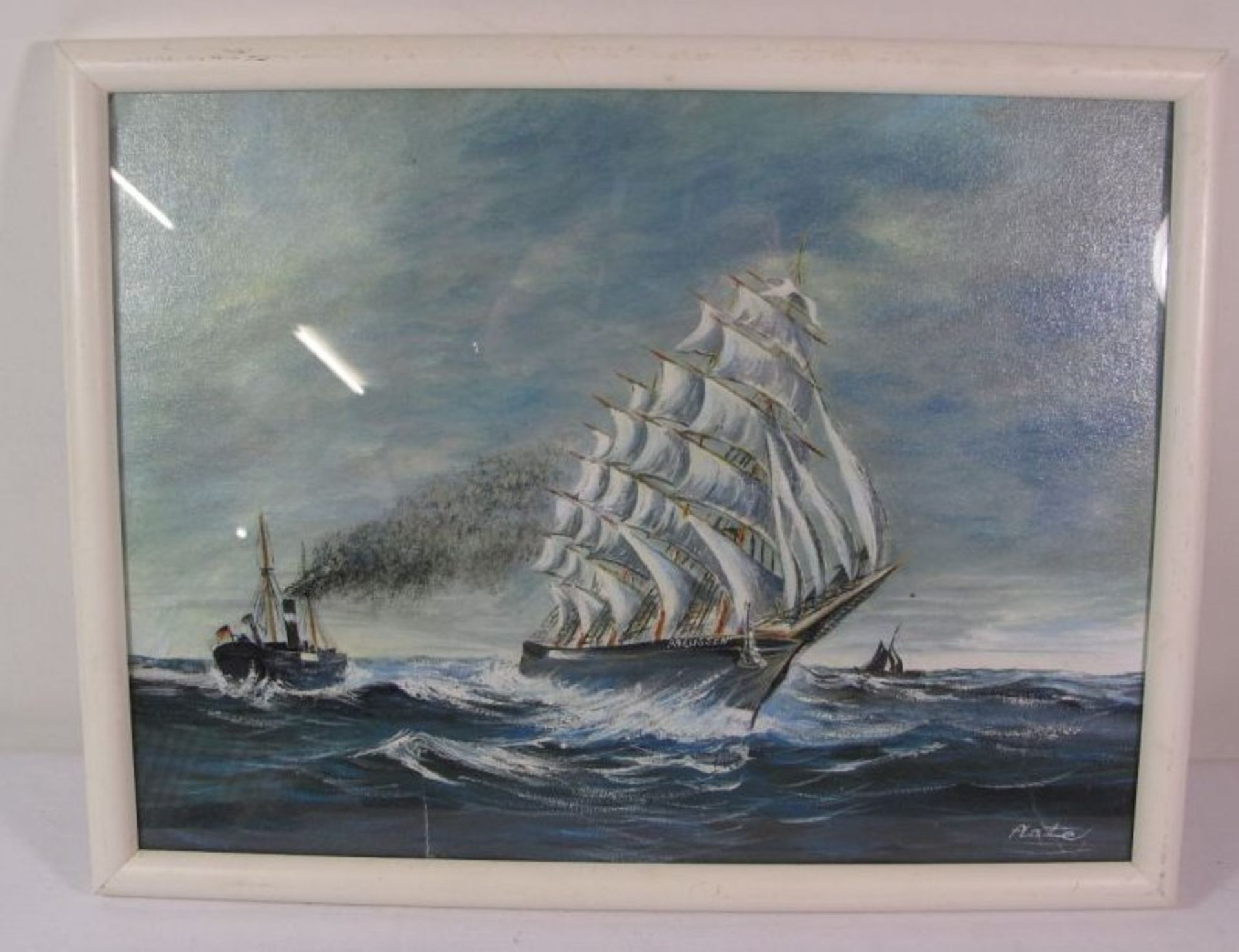 Platte "Schiffe aus See", Öl/Hartfaser, gerahmt/Glas, RG 33 x 43cm. - Bild 2 aus 2