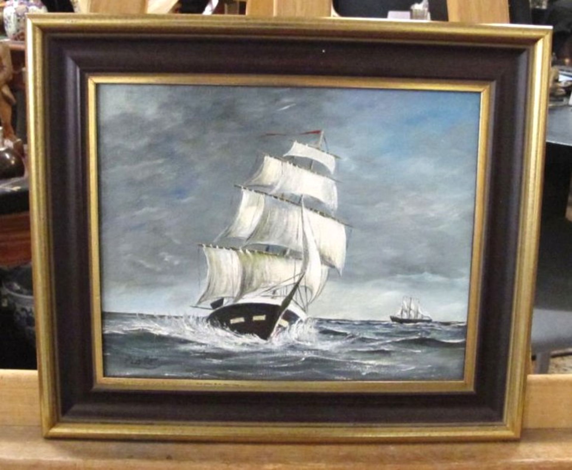 Platte "Segelschiff vor Cuxhaven", Öl/Hartfaser^, verso betitelt, gerahmt, RG 33 x 39cm. - Bild 3 aus 4