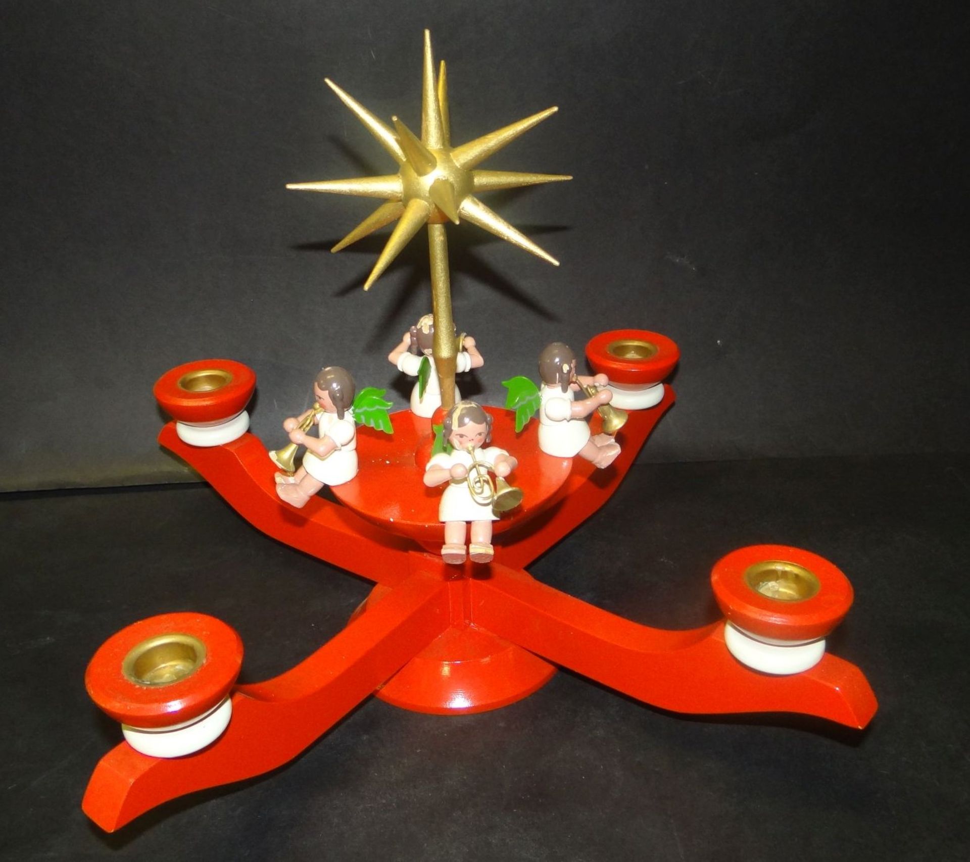 gr. Advent-Kerzenhalter mit Engeln, Erzgebirge, älter, H-26 cm, D-36 cm - Bild 3 aus 7
