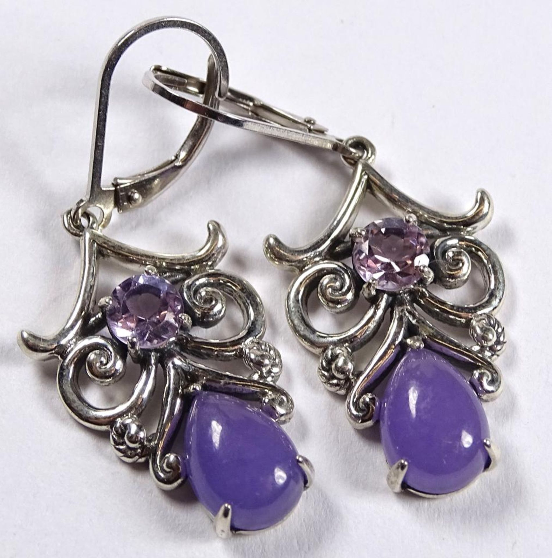 Paar Ohrhänger mit Lavendel Jade und Amethyste,925er Silber,L-40mm,zus.6,5gr