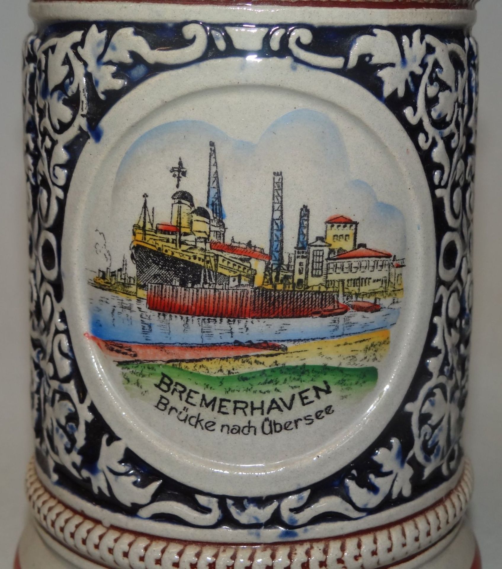 Bierkrug mit Bremerhaven/Cuxhaven Motiven, Zinndeckel, H-19 cm - Bild 2 aus 5