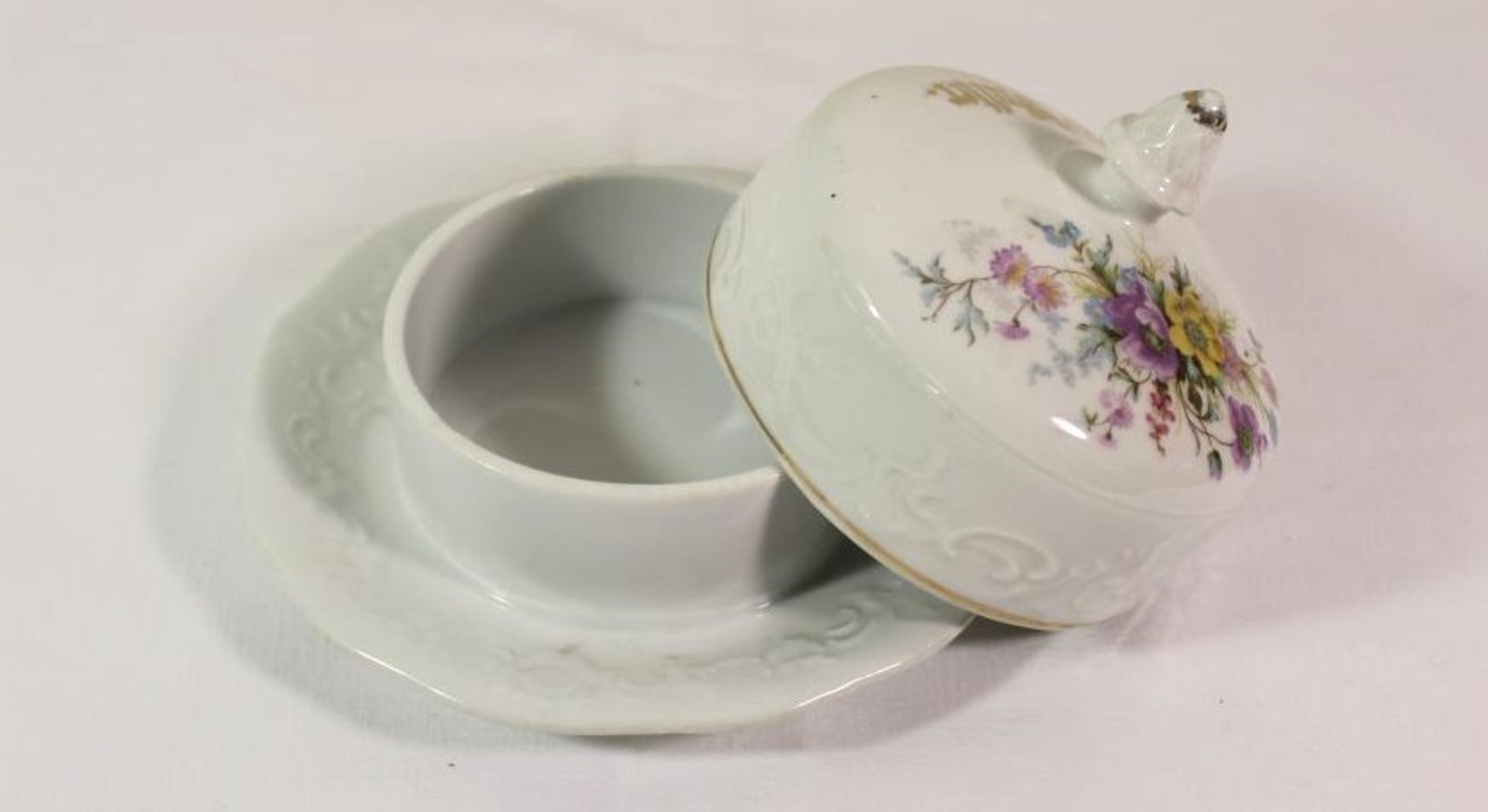 Butterdose um 1900, florales Dekor und beschriftet "Frische Butter", H-10cm ca. D-15cm. - Bild 3 aus 3