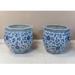 Pair of Chinese Blue and White Fish Bowl Planters.