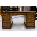 19th C. Oyster Walnut Veneer Partner's Desk.