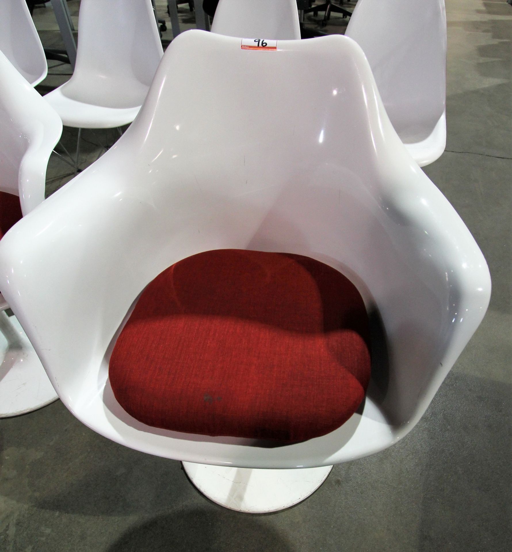 HERMAN MILLER EAMES TULIP WHITE MOLDED PLASTIC ARM CHAIR W/ RED SEAT CUSHION