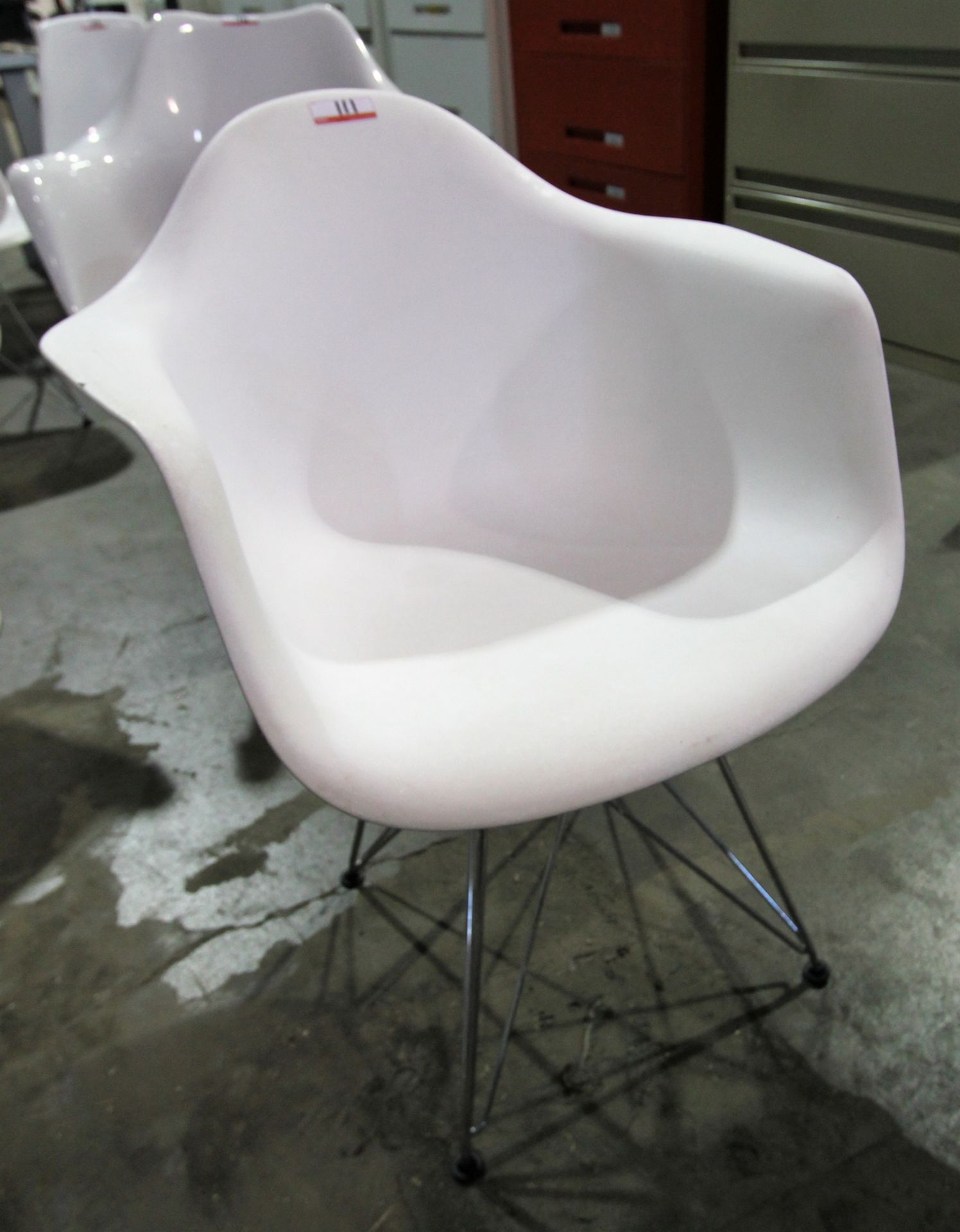 HERMAN MILLER EAMES WHITE MOLDED PLASTIC ARM CHAIRS W/ CHROME BASE