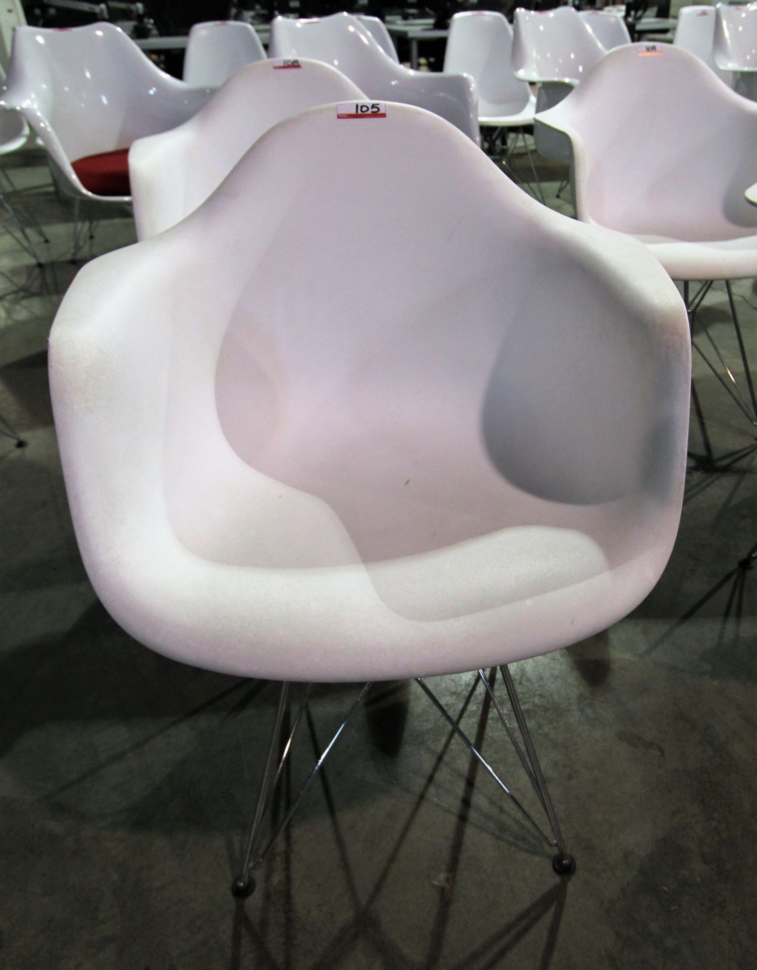 HERMAN MILLER EAMES WHITE MOLDED PLASTIC ARM CHAIRS W/ CHROME BASE