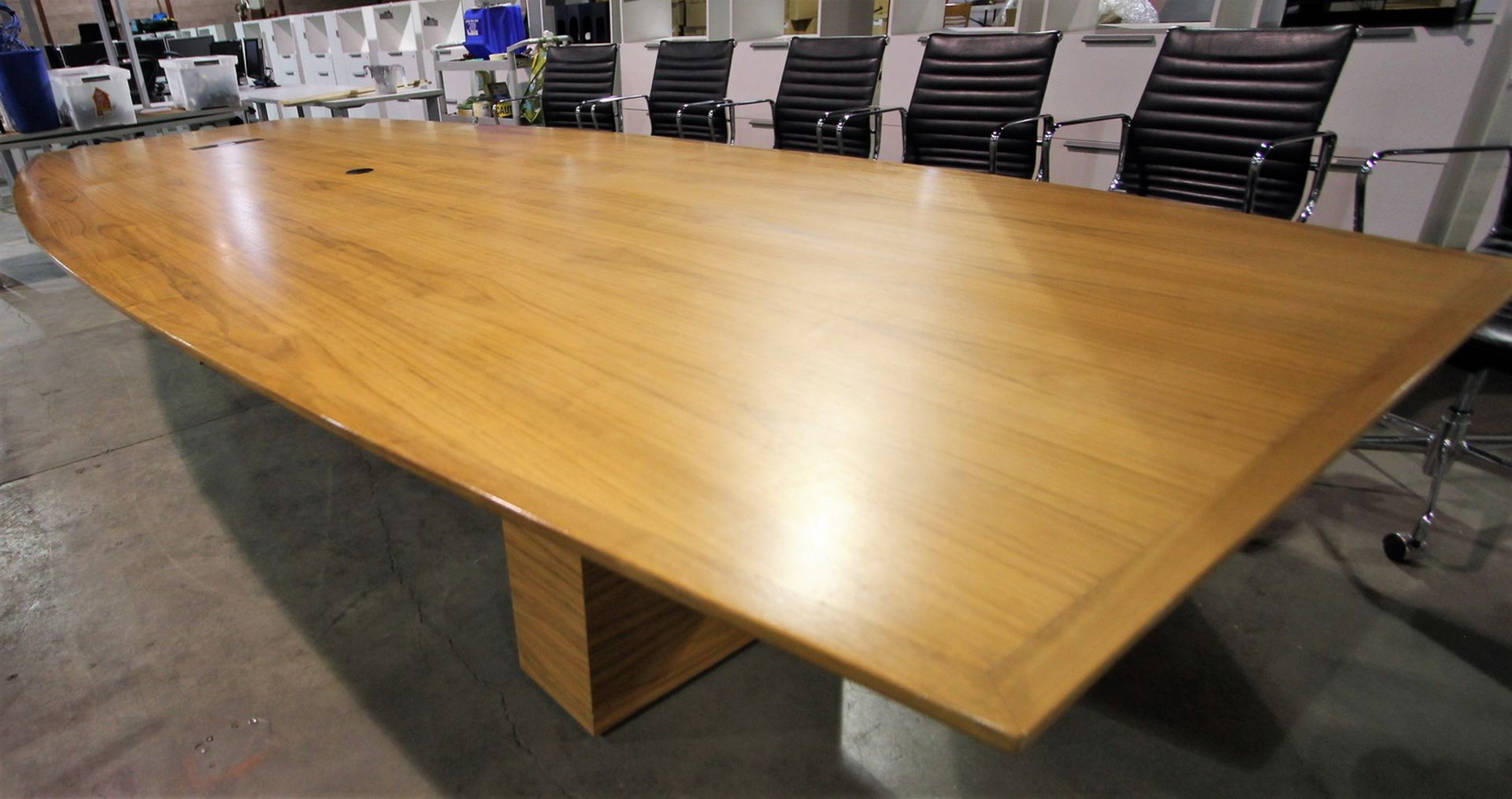 14' X 63"W (AT CENTRE) 43"W (AT ENDS) BOARDROOM TABLE W/ POWER & INTERNET CONNECTION BOX