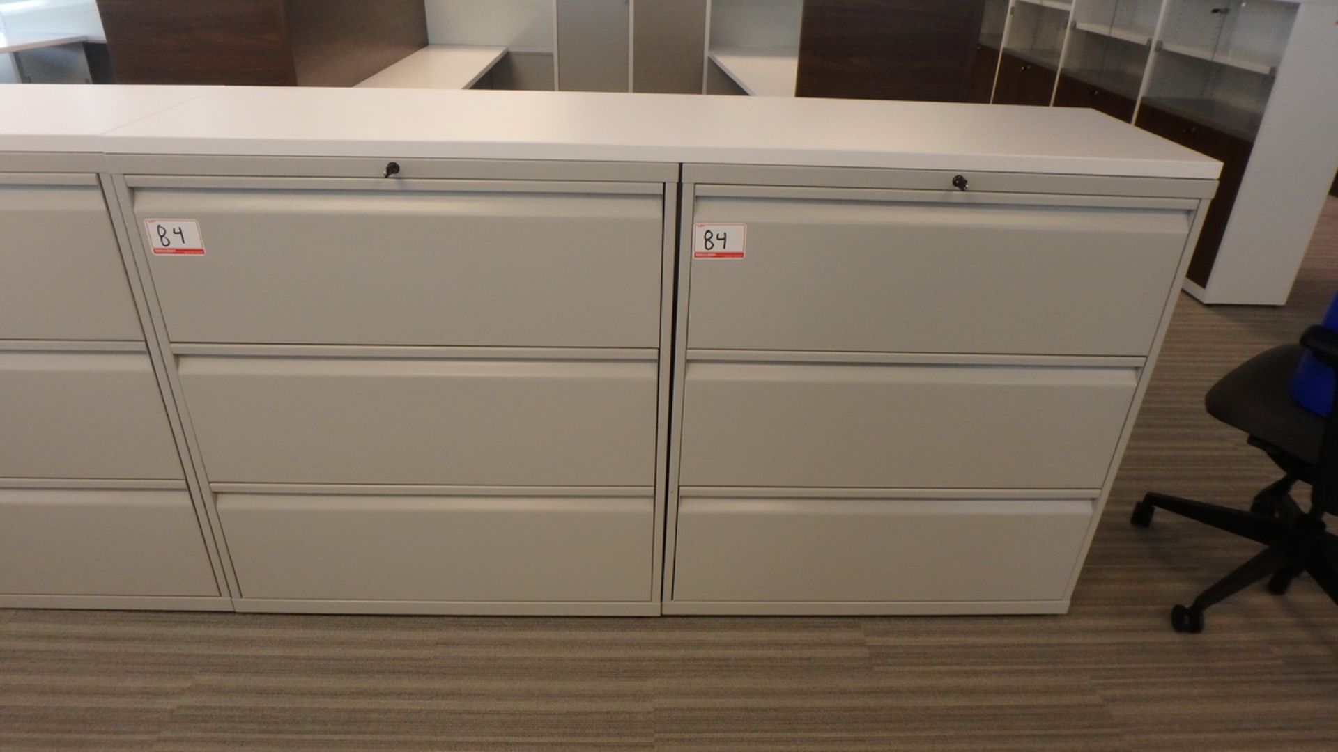 UNITS - KNOLL GREY 3-DRAWER LATERAL FILE CABINET C/W WHITE LAMINATE TOP